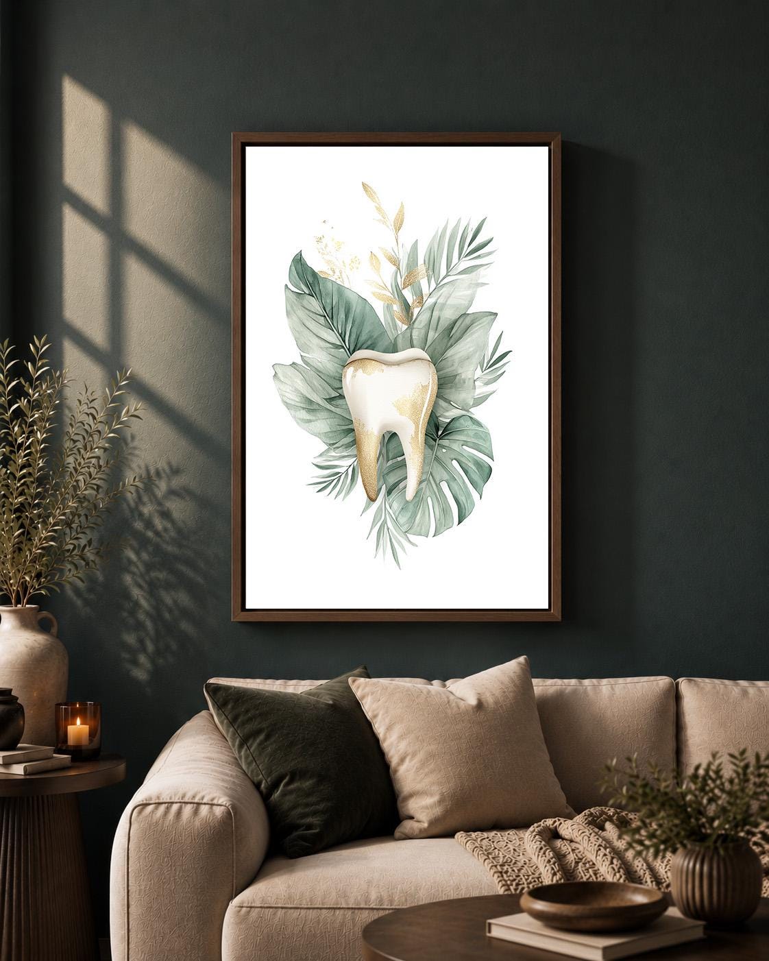 Gold Tooth Botanical Print, Framed Canvas Wall Art, Dental Clinic Decor by The Wall Art Studio - physical