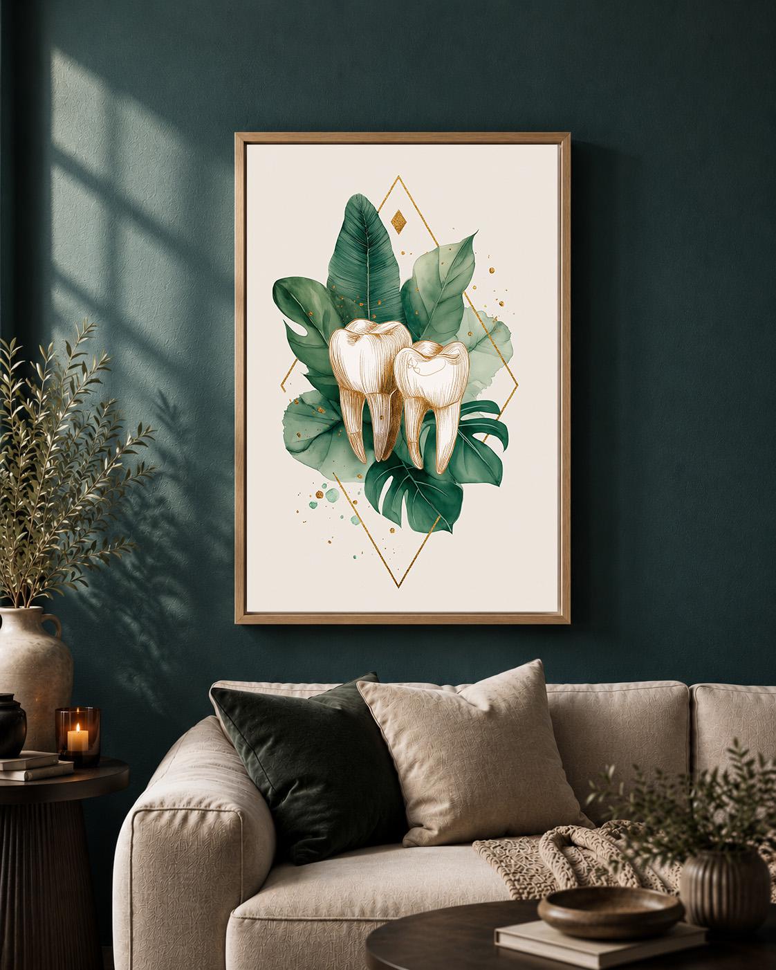 Gold Tooth Botanical Print, Framed Canvas Wall Art, Dental Clinic Decor by The Wall Art Studio - physical