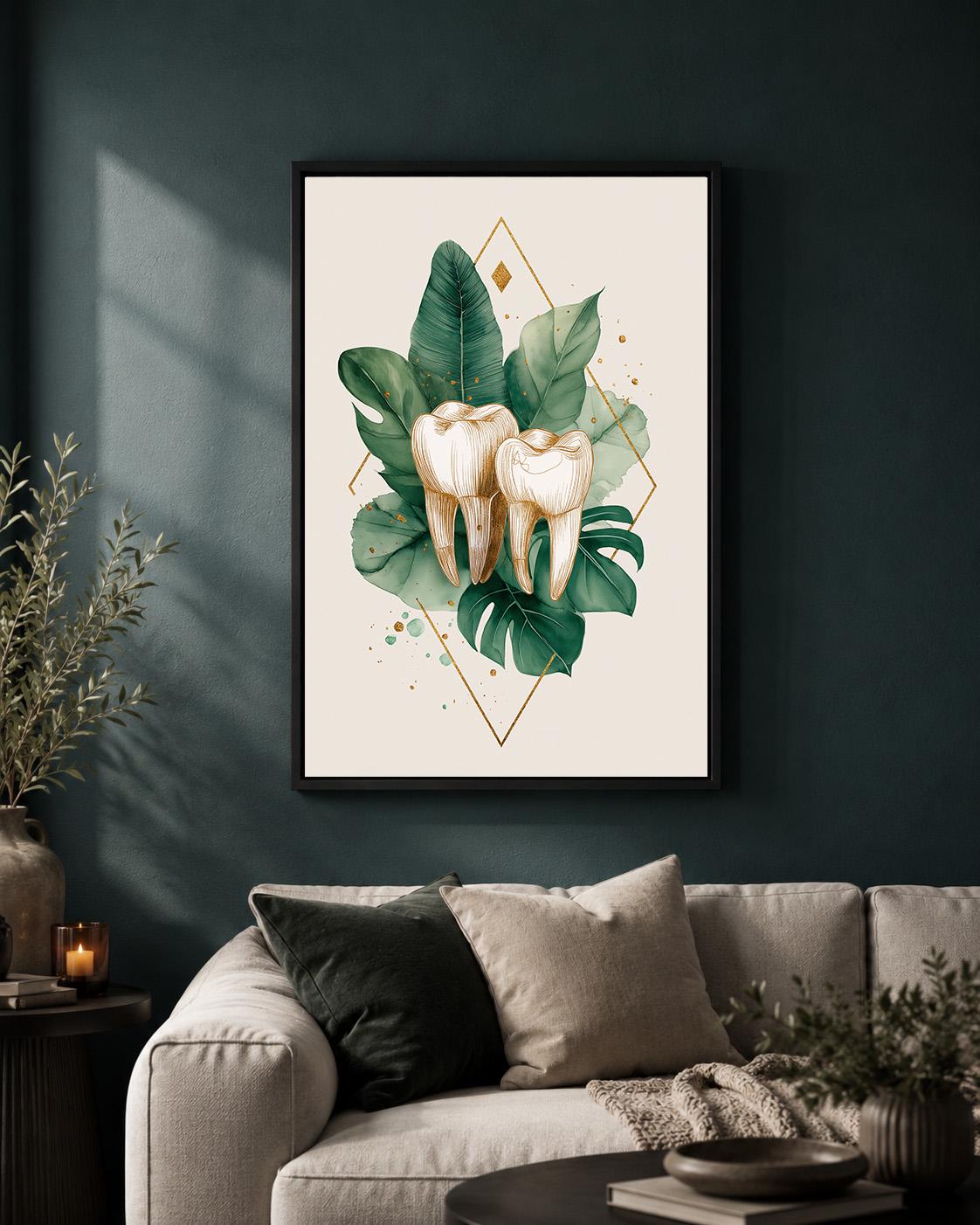 Gold Tooth Botanical Print, Framed Canvas Wall Art, Dental Clinic Decor by The Wall Art Studio - physical