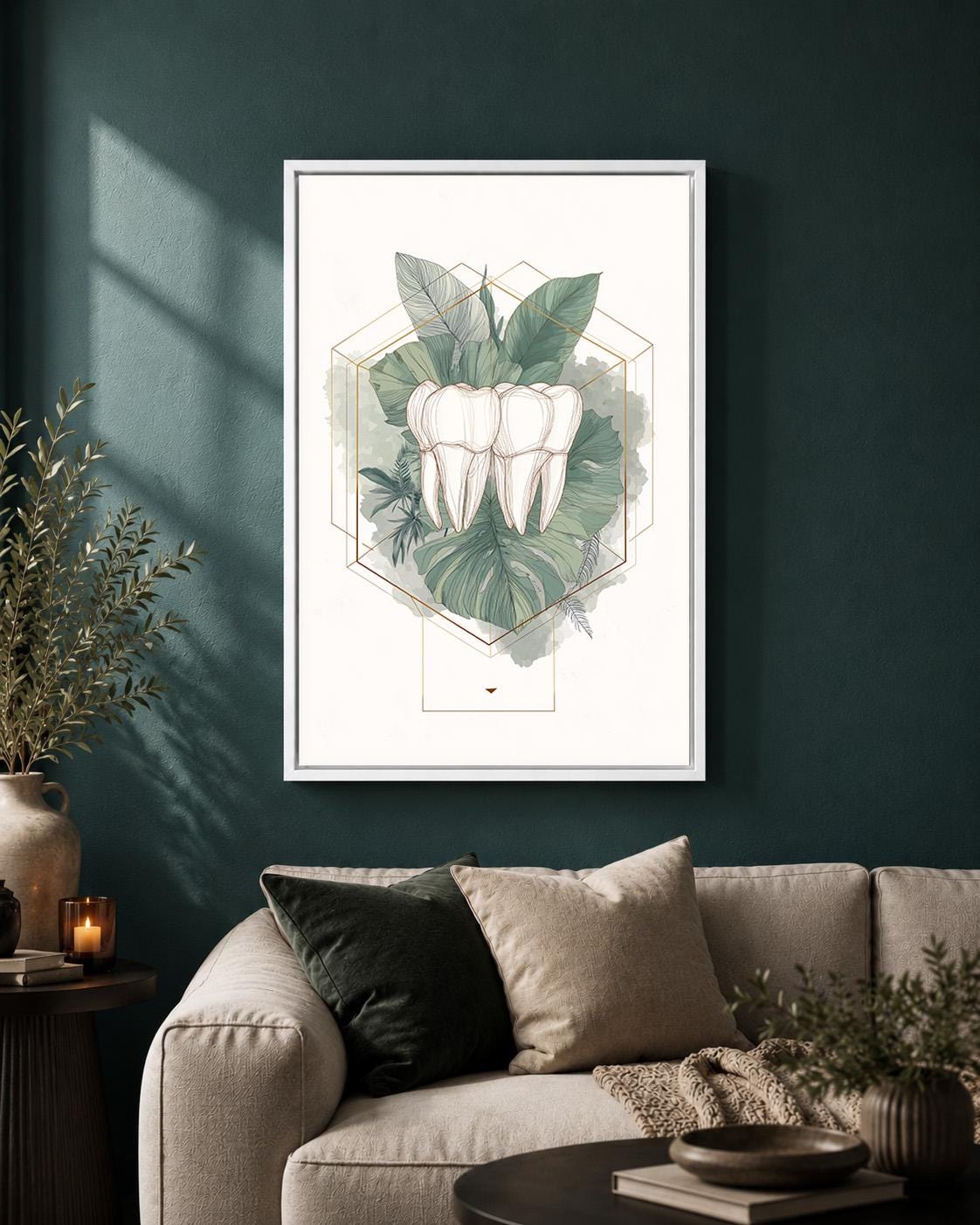 Gold Tooth Botanical Print, Framed Canvas Wall Art, Dental Clinic Decor by The Wall Art Studio - physical