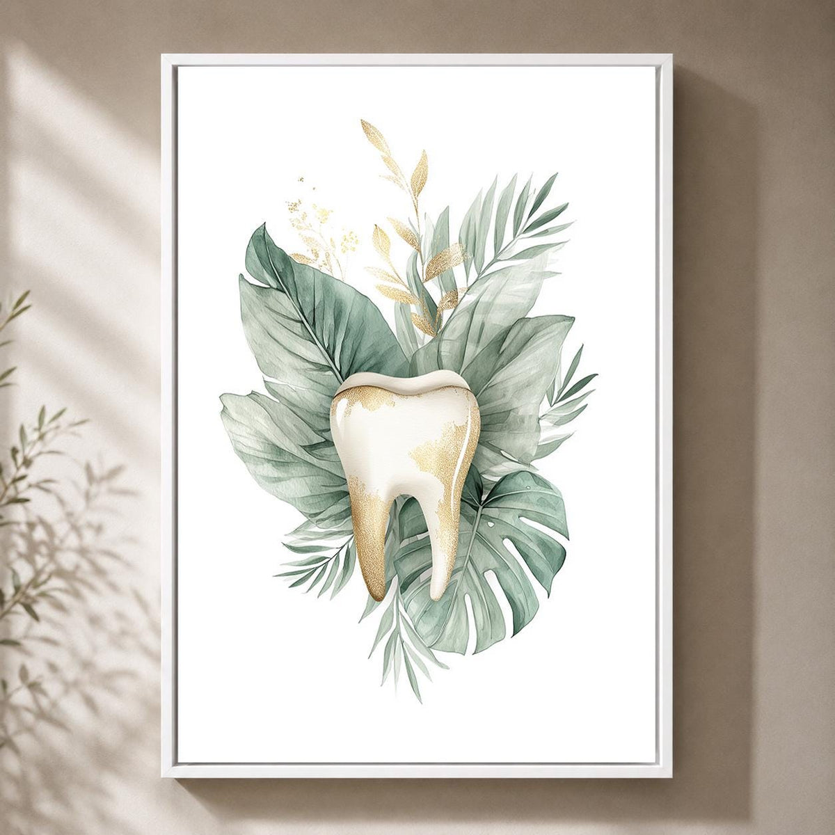 Gold Tooth Botanical Print, Framed Canvas Wall Art, Dental Clinic Decor by The Wall Art Studio - physical