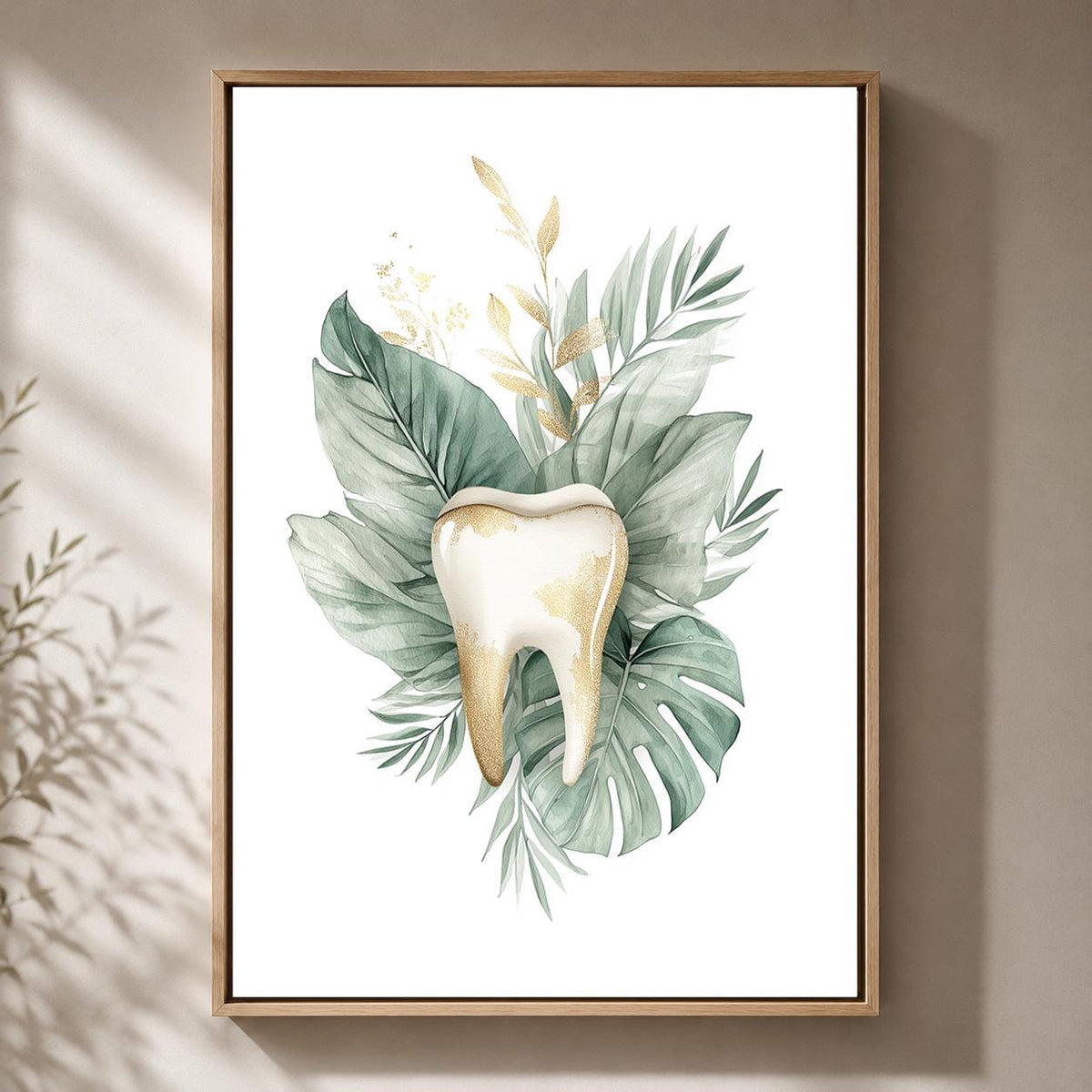 Gold Tooth Botanical Print, Framed Canvas Wall Art, Dental Clinic Decor by The Wall Art Studio - physical
