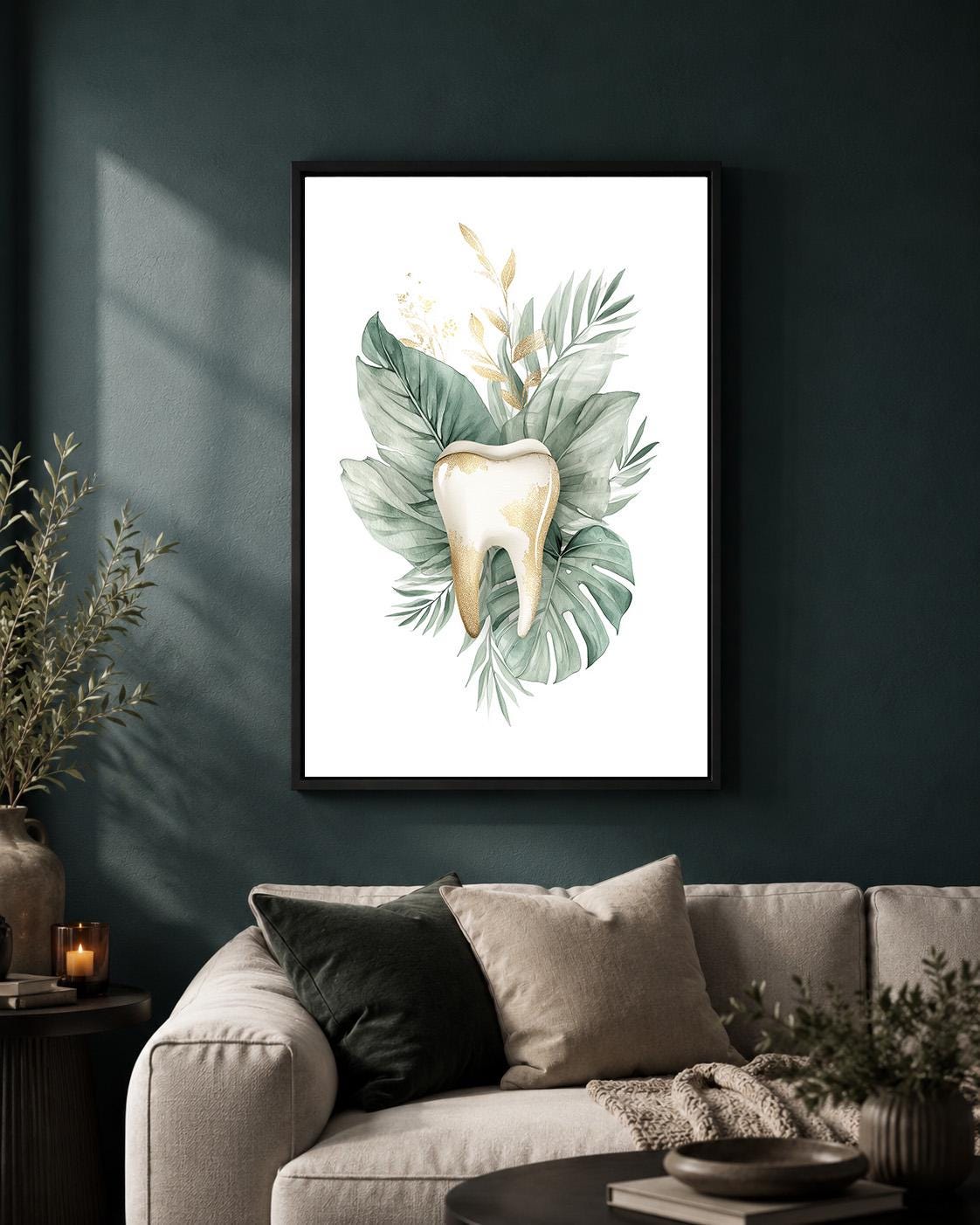 Gold Tooth Botanical Print, Framed Canvas Wall Art, Dental Clinic Decor by The Wall Art Studio - physical