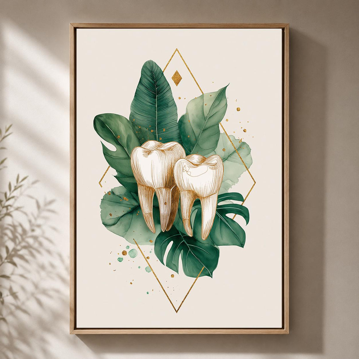 Gold Tooth Botanical Print, Framed Canvas Wall Art, Dental Clinic Decor by The Wall Art Studio - physical
