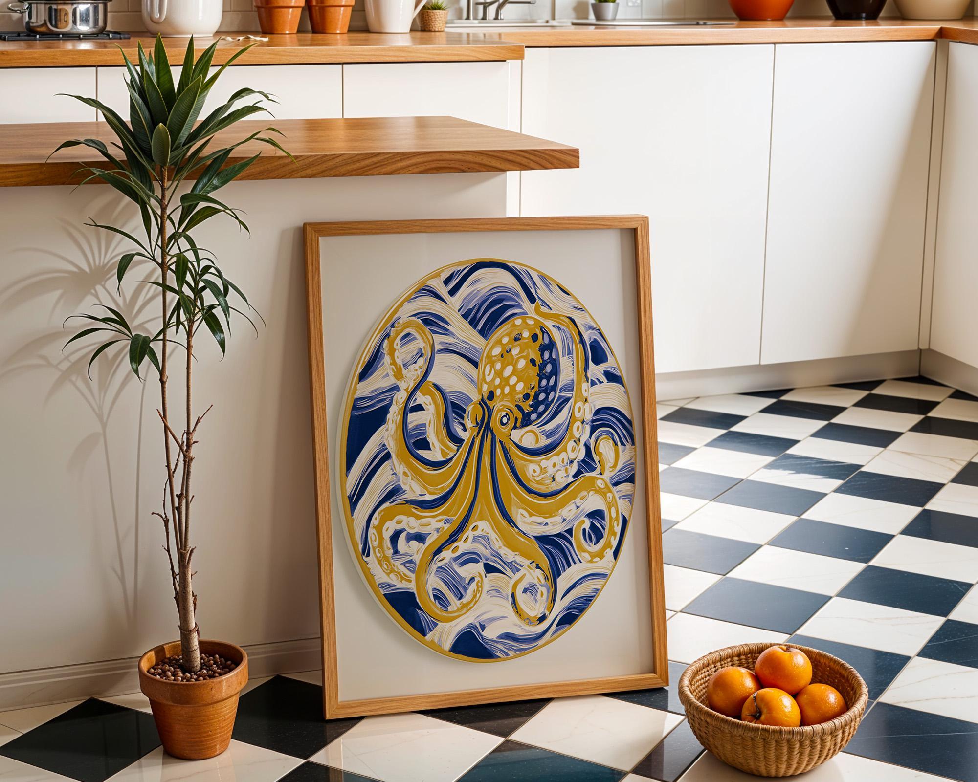 Golden Octopus Wall Art, Coastal Nautical Marine Life Print (Framed Option) by The Wall Art Studio - physical