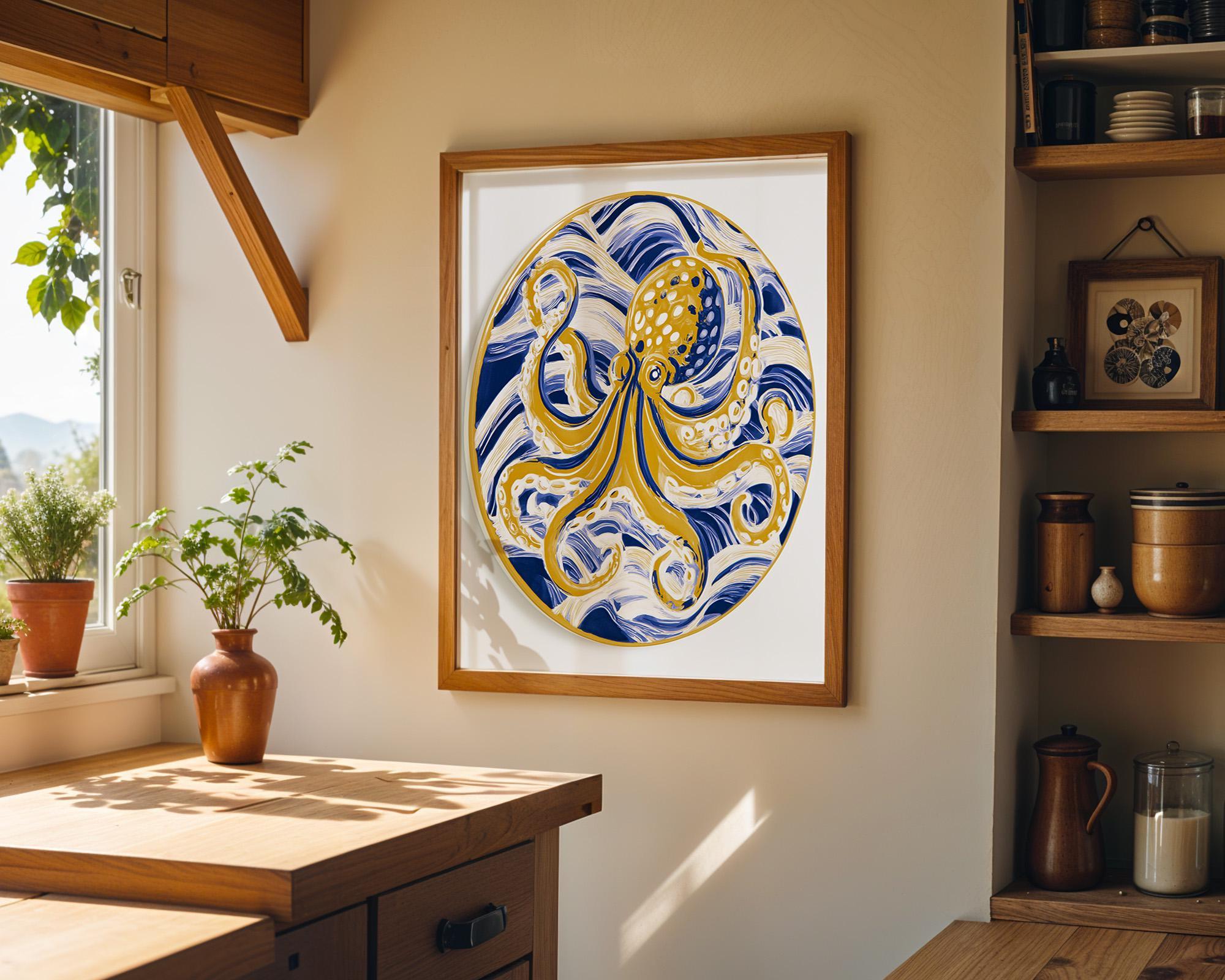 Golden Octopus Wall Art, Coastal Nautical Marine Life Print (Framed Option) by The Wall Art Studio - physical