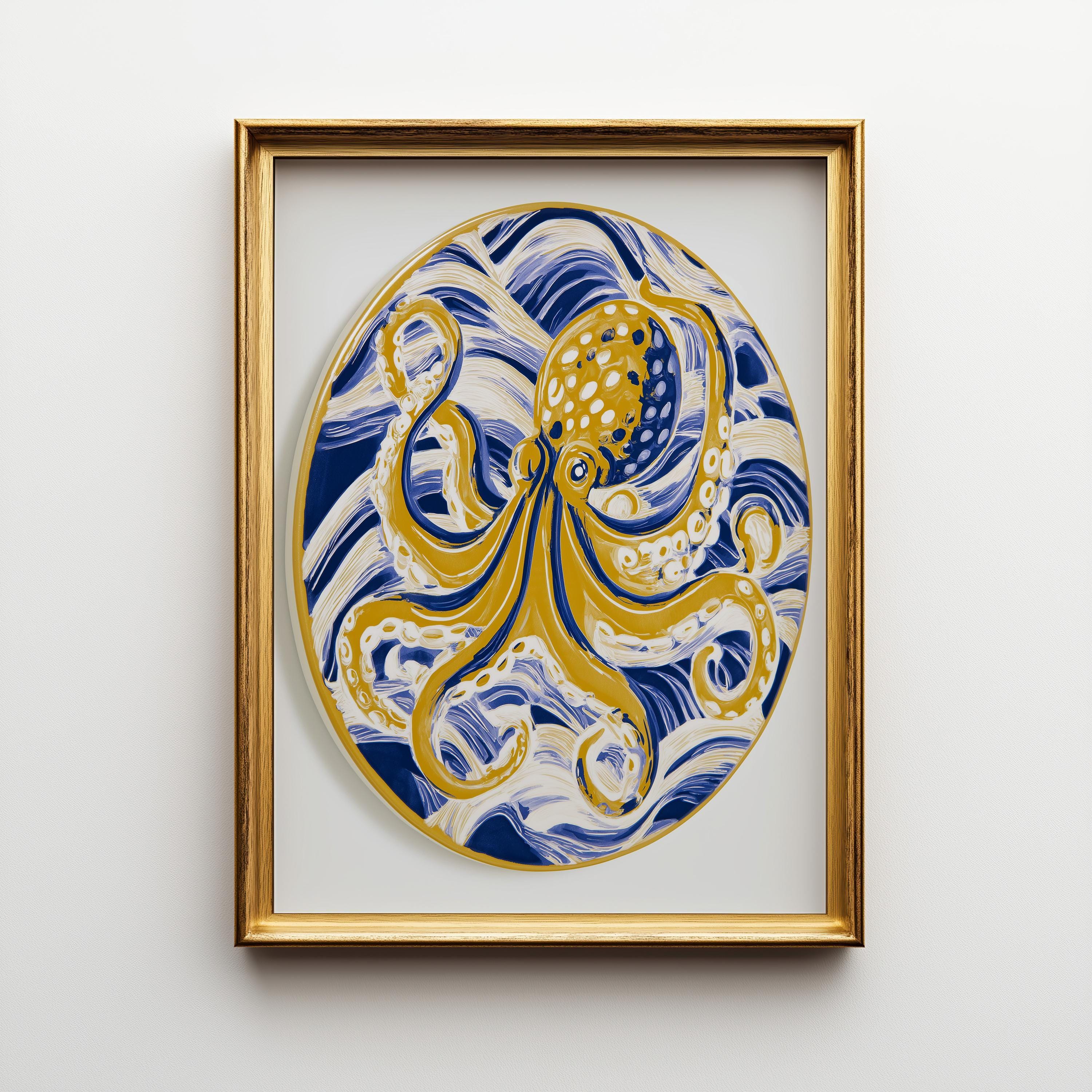 Golden Octopus Wall Art, Coastal Nautical Marine Life Print (Framed Option) by The Wall Art Studio - physical