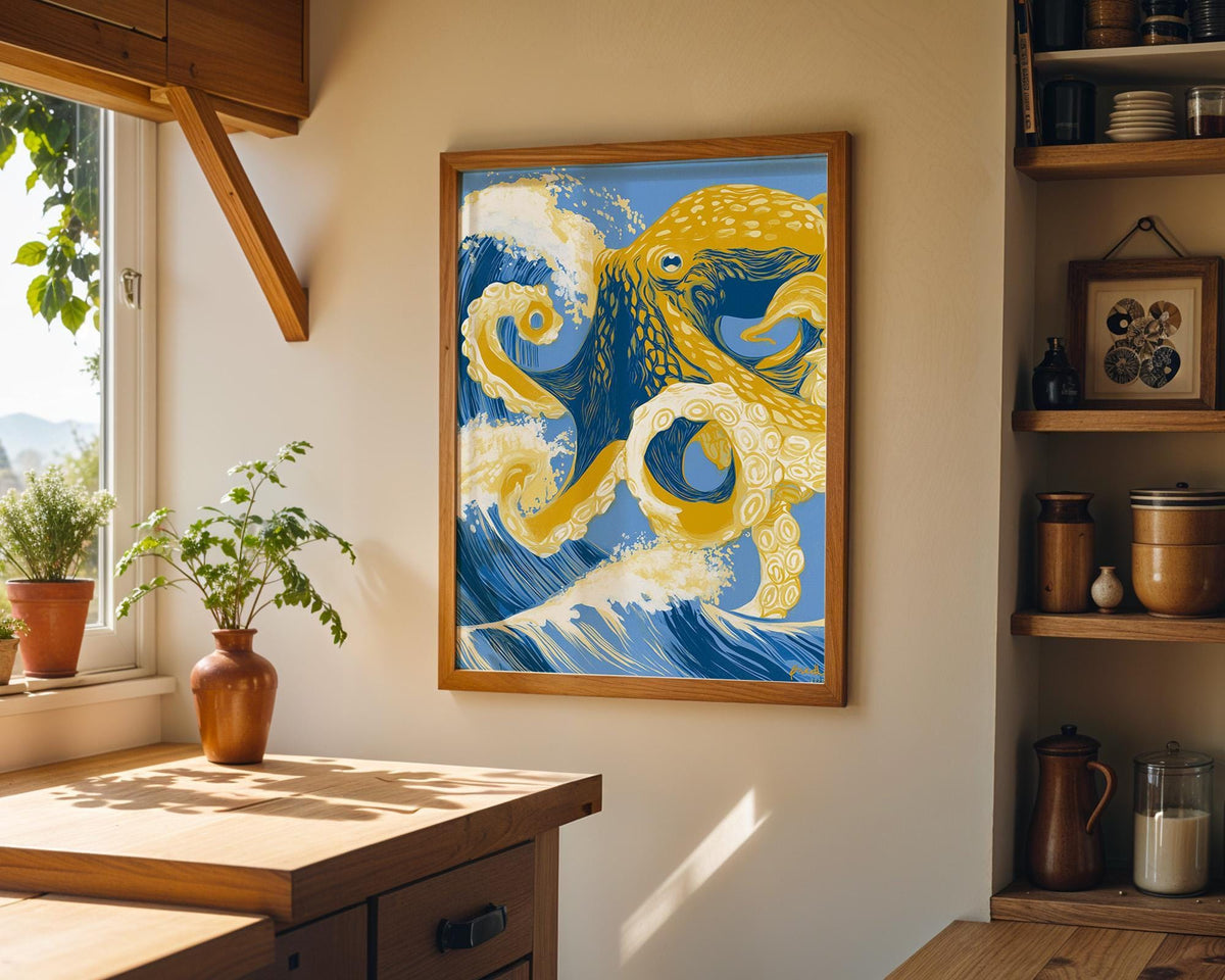Golden Octopus Wall Art, Coastal Ocean Print, Nautical Sea Creature Art, Vintage Japanese Wave Decor, Marine Animal Poster...