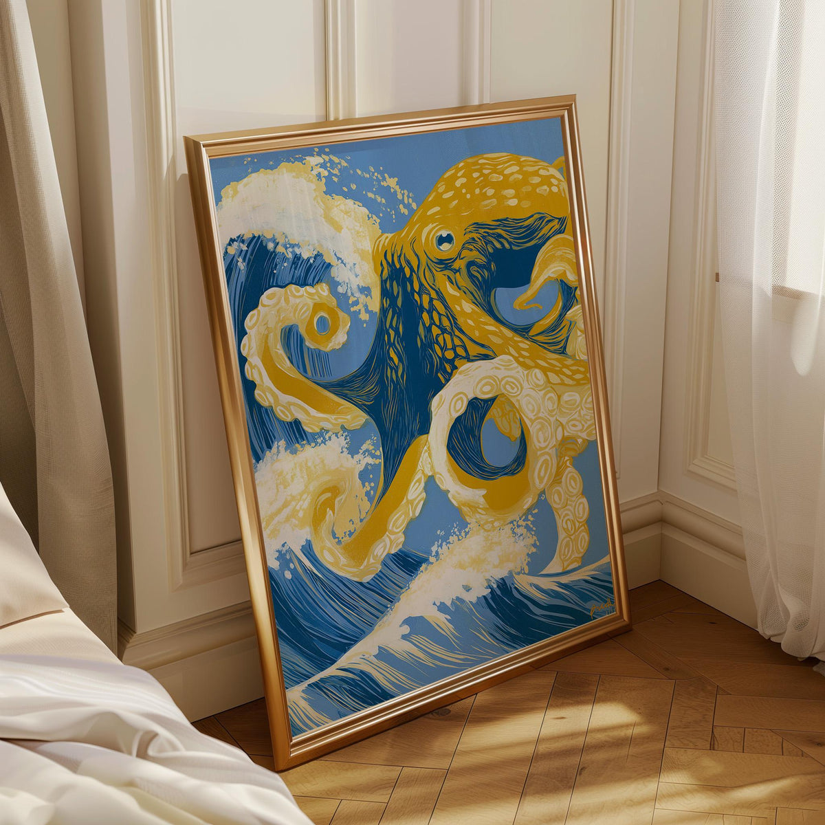 Golden Octopus Wall Art, Coastal Ocean Print, Nautical Sea Creature Art, Vintage Japanese Wave Decor, Marine Animal Poster...