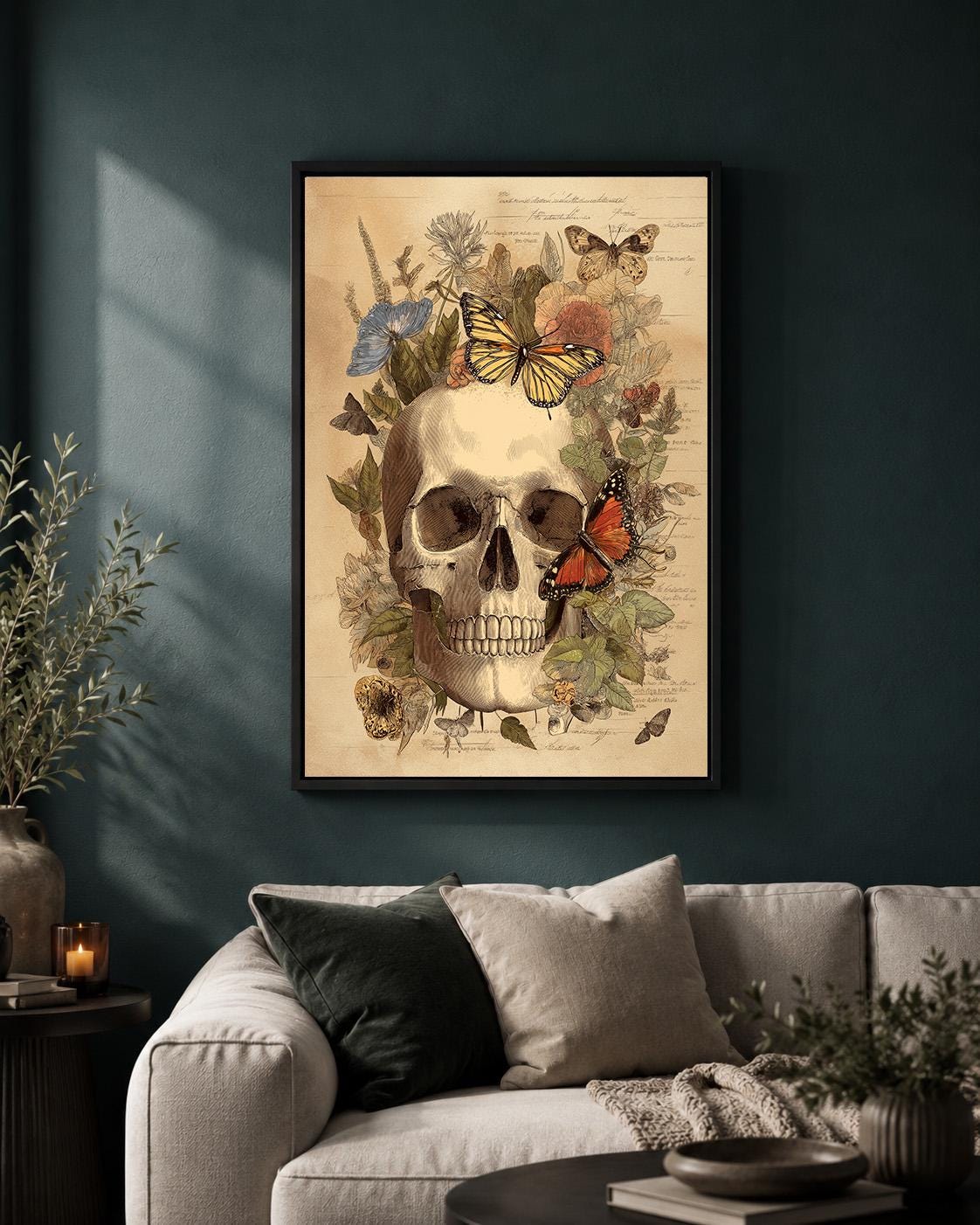 Gothic Skull Butterfly Anatomy Framed Canvas, Dark Academia Botanical Canvas Decor by The Wall Art Studio - physical