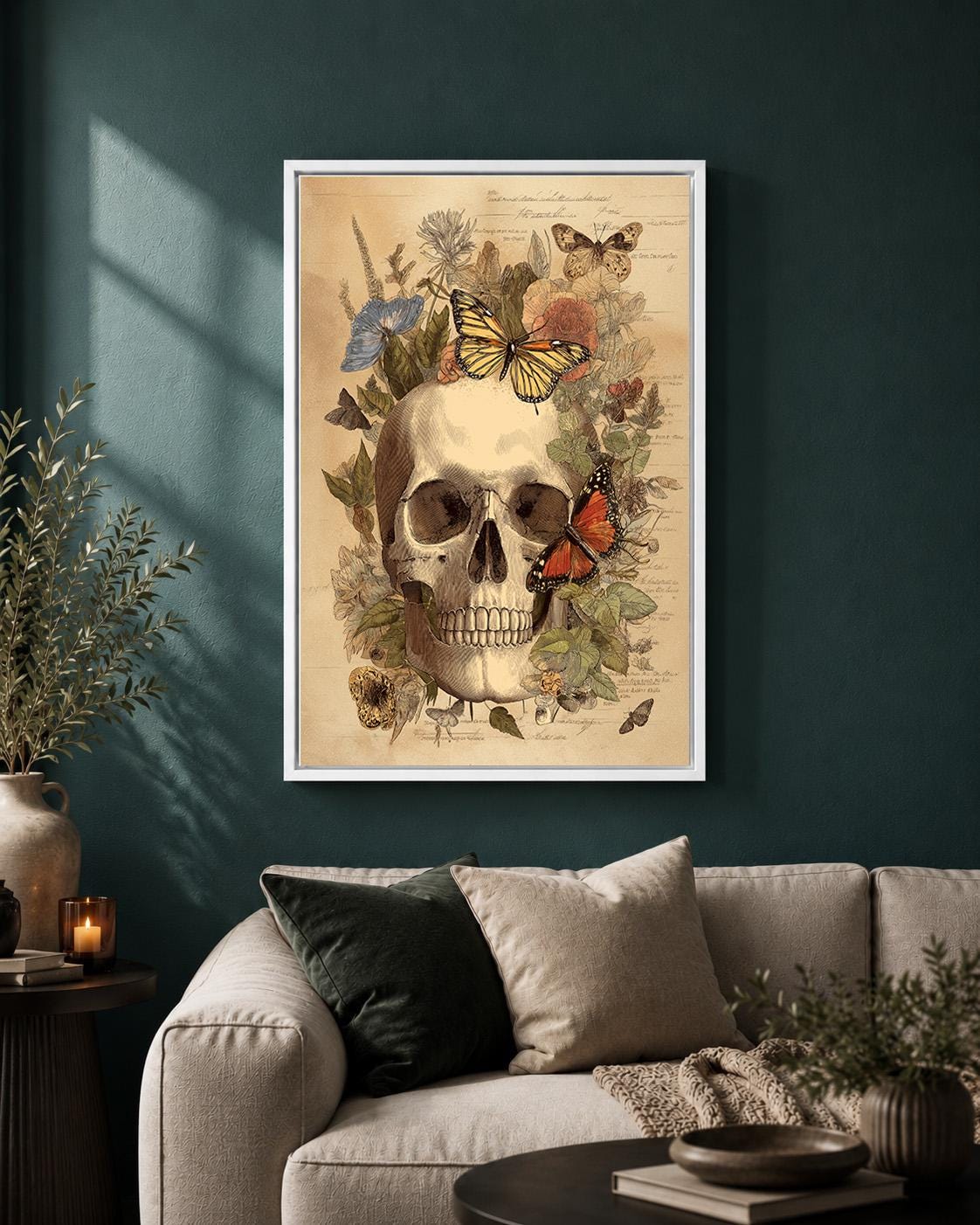 Gothic Skull Butterfly Anatomy Framed Canvas, Dark Academia Botanical Canvas Decor by The Wall Art Studio - physical