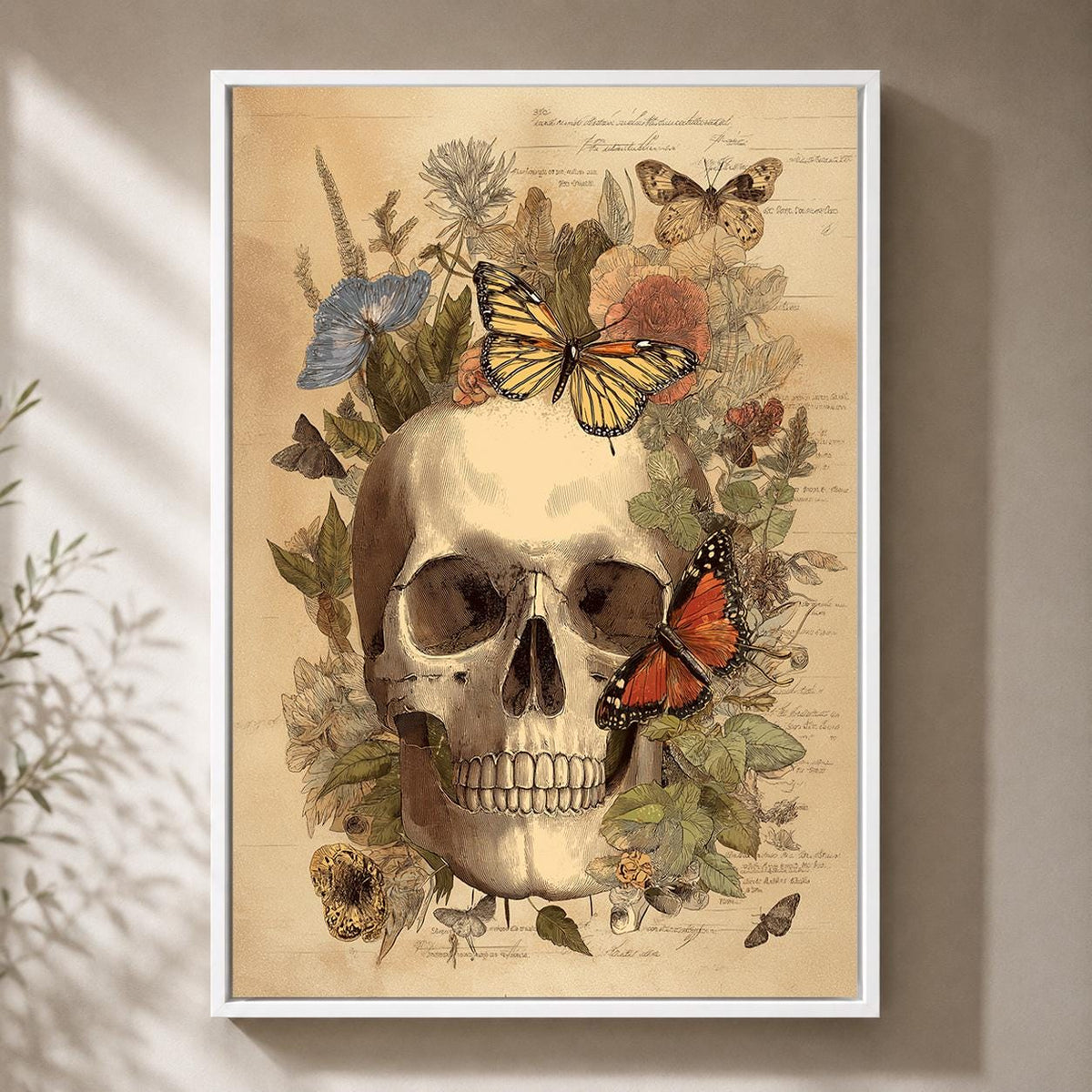 Gothic Skull Butterfly Anatomy Framed Canvas, Dark Academia Botanical Canvas Decor by The Wall Art Studio - physical