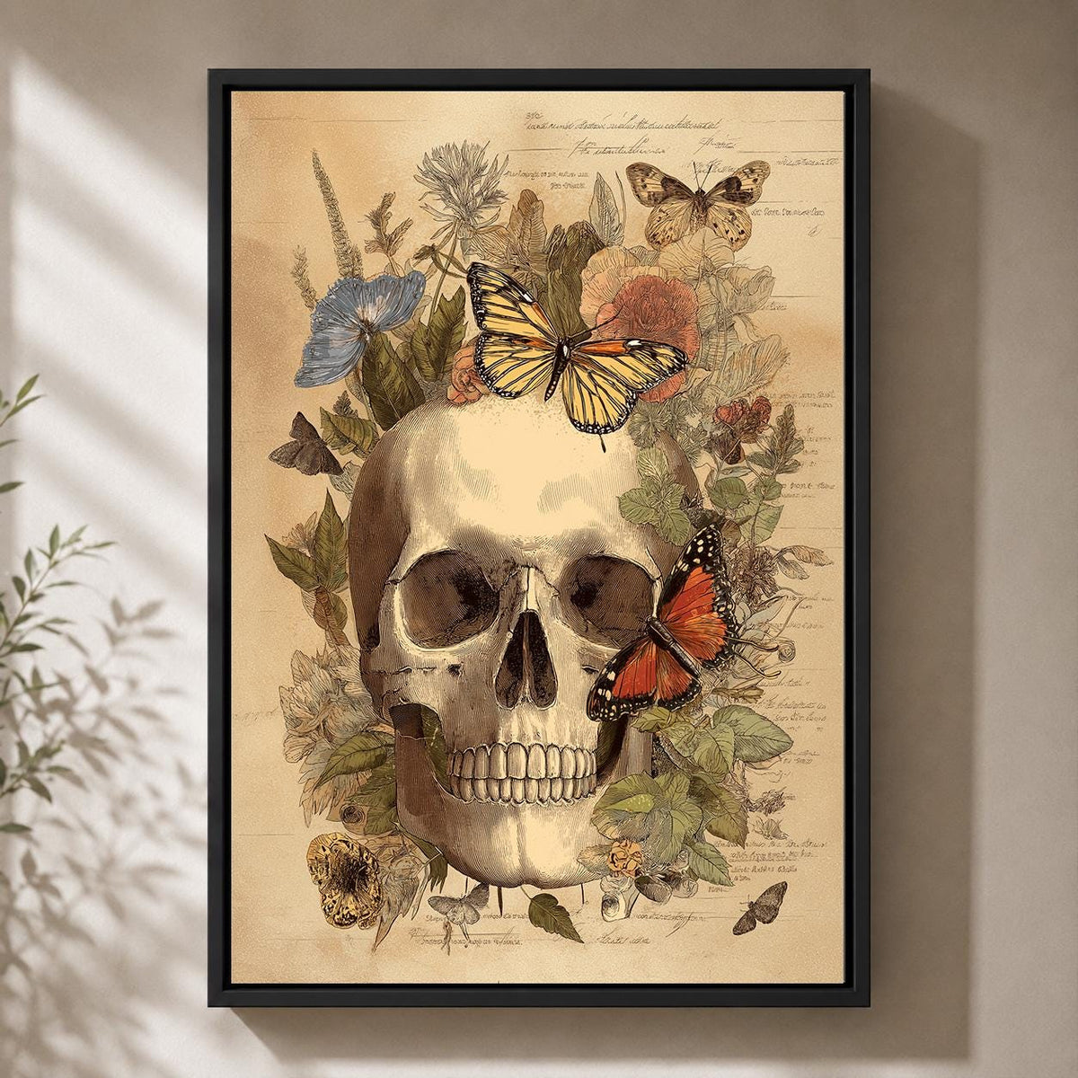 Gothic Skull Butterfly Anatomy Framed Canvas, Dark Academia Botanical Canvas Decor by The Wall Art Studio - physical