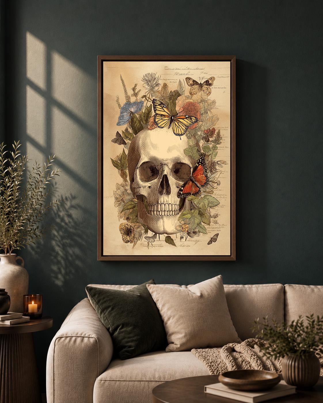 Gothic Skull Butterfly Anatomy Framed Canvas, Dark Academia Botanical Canvas Decor by The Wall Art Studio - physical