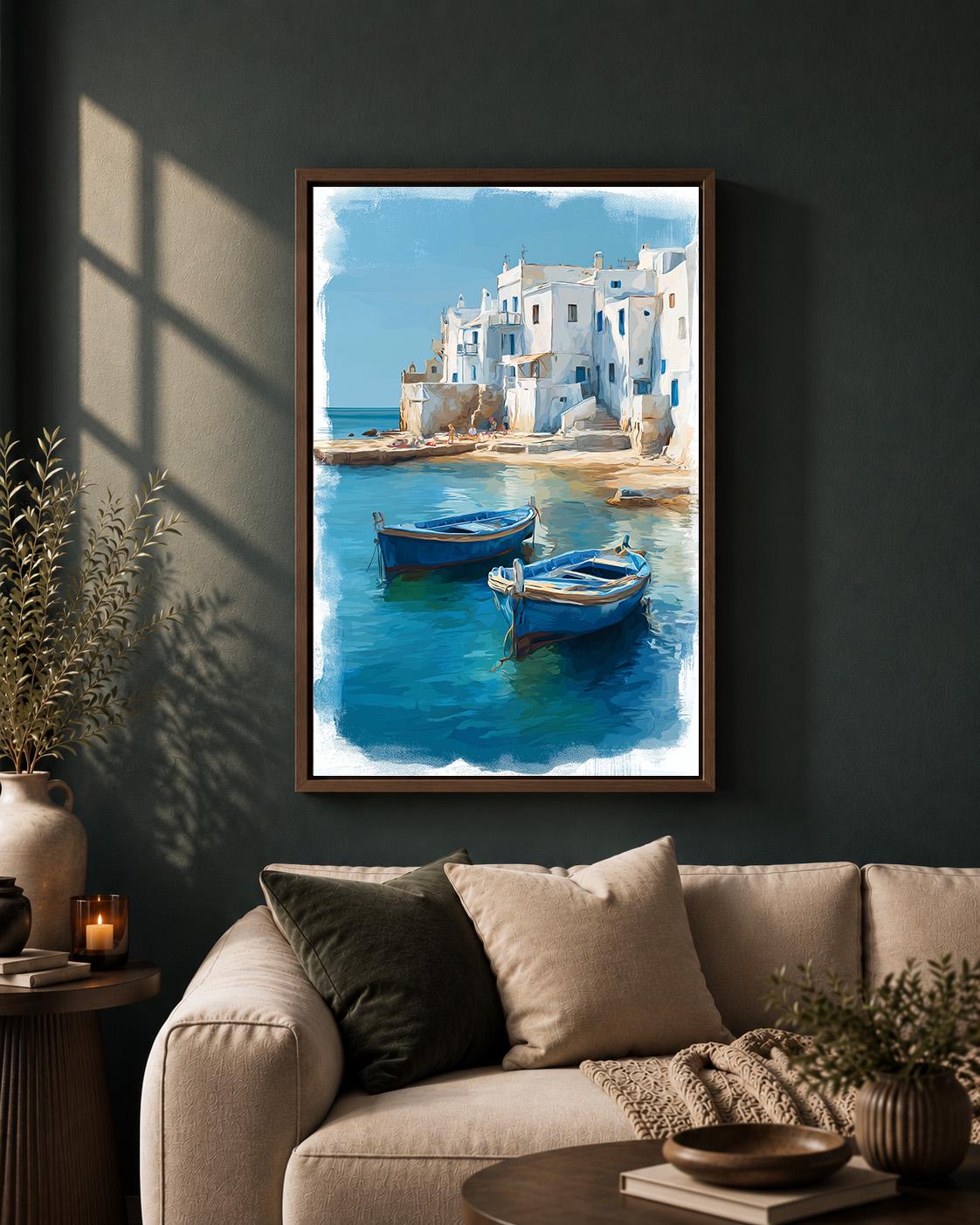 Greek Coastal Village Framed Canvas Art, Mediterranean Seascape Print, Blue Boats Santorini Style Decor by The Wall Art St...