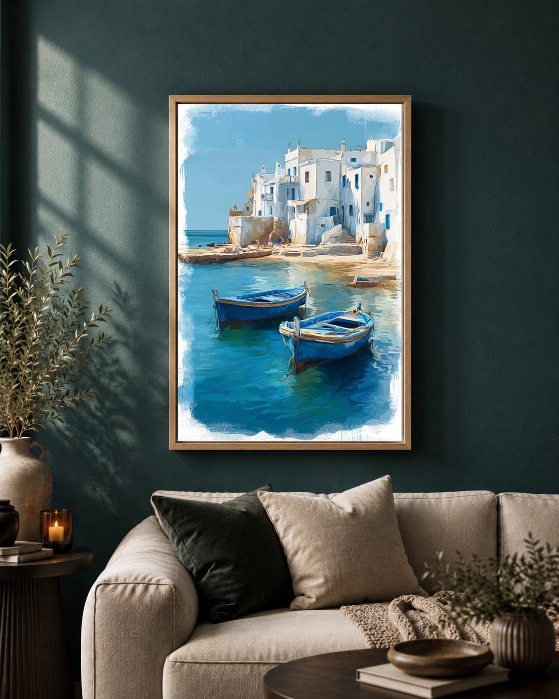 Greek Coastal Village Framed Canvas Art, Mediterranean Seascape Print, Blue Boats Santorini Style Decor by The Wall Art St...