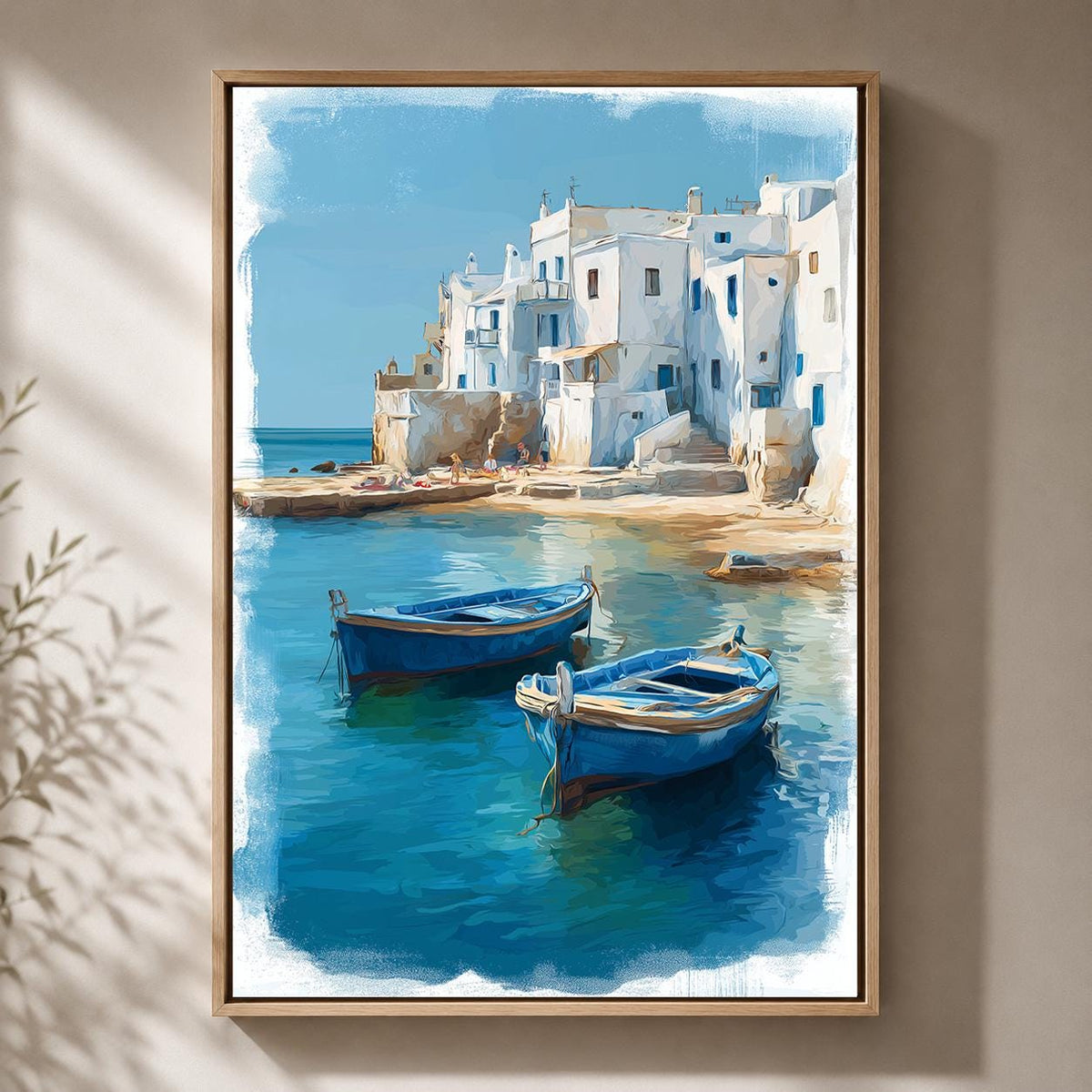 Greek Coastal Village Framed Canvas Art, Mediterranean Seascape Print, Blue Boats Santorini Style Decor by The Wall Art St...