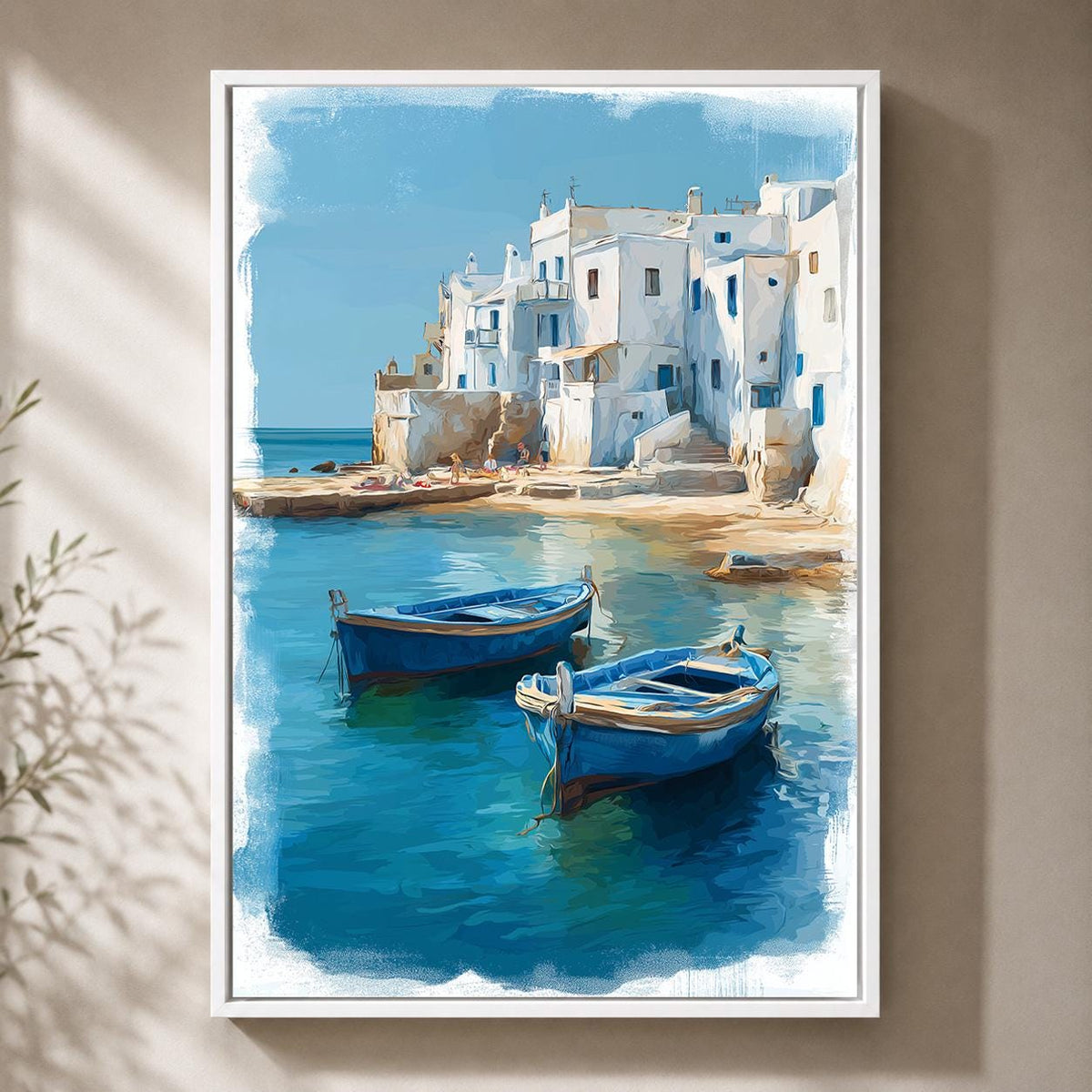 Greek Coastal Village Framed Canvas Art, Mediterranean Seascape Print, Blue Boats Santorini Style Decor by The Wall Art St...