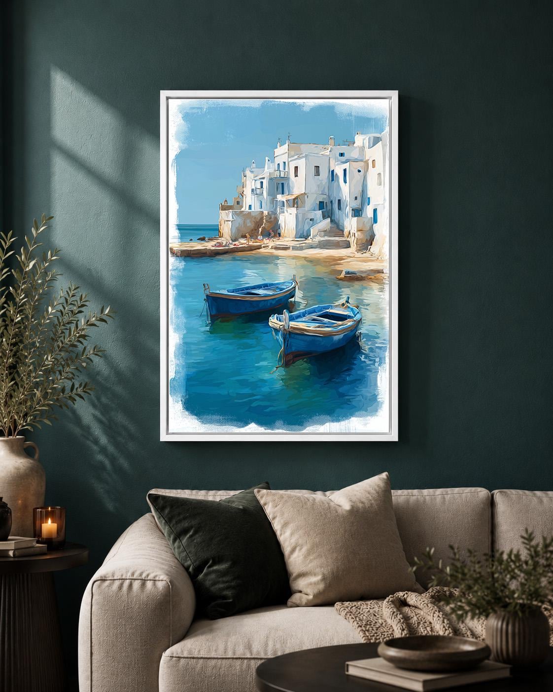 Greek Coastal Village Framed Canvas Art, Mediterranean Seascape Print, Blue Boats Santorini Style Decor by The Wall Art St...