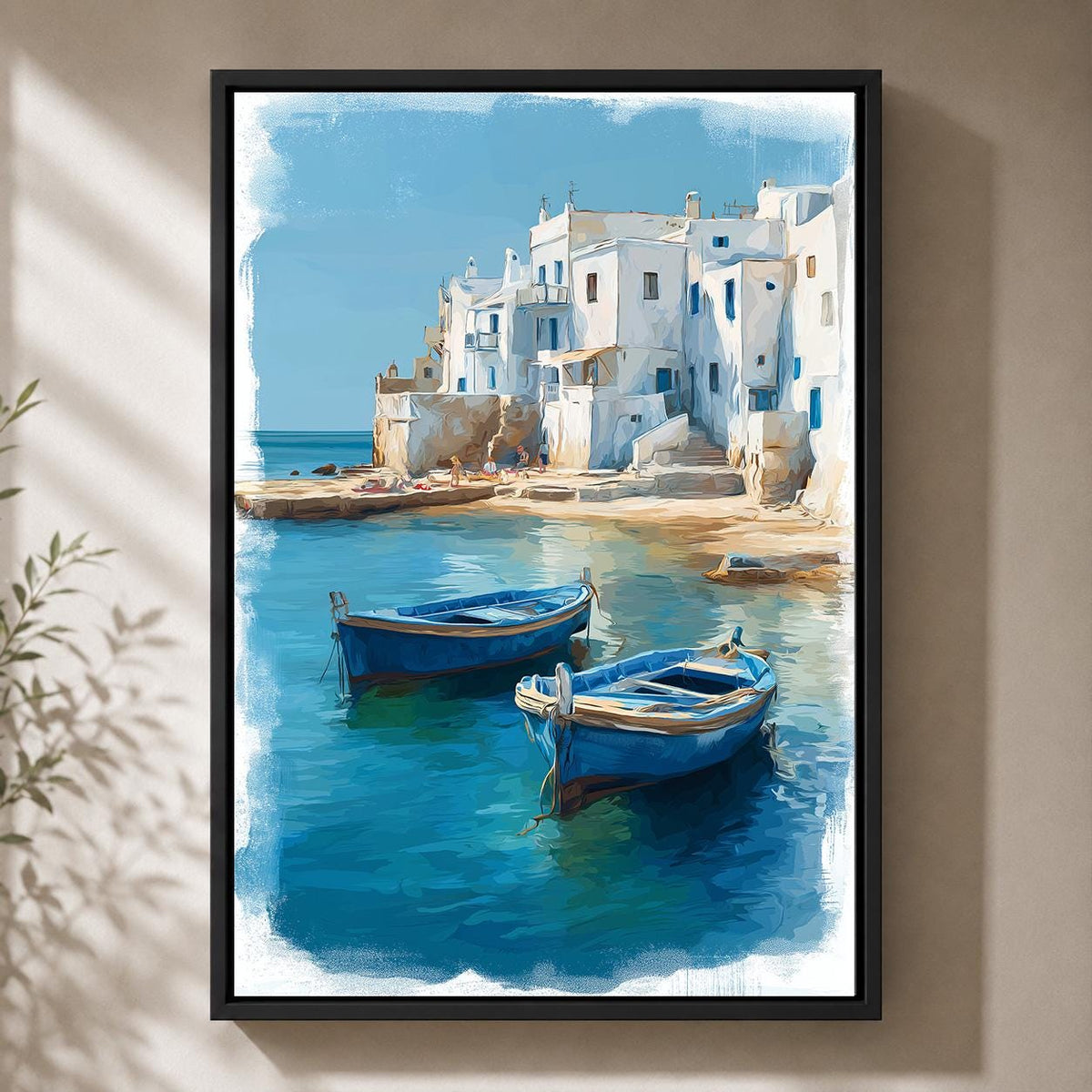 Greek Coastal Village Framed Canvas Art, Mediterranean Seascape Print, Blue Boats Santorini Style Decor by The Wall Art St...