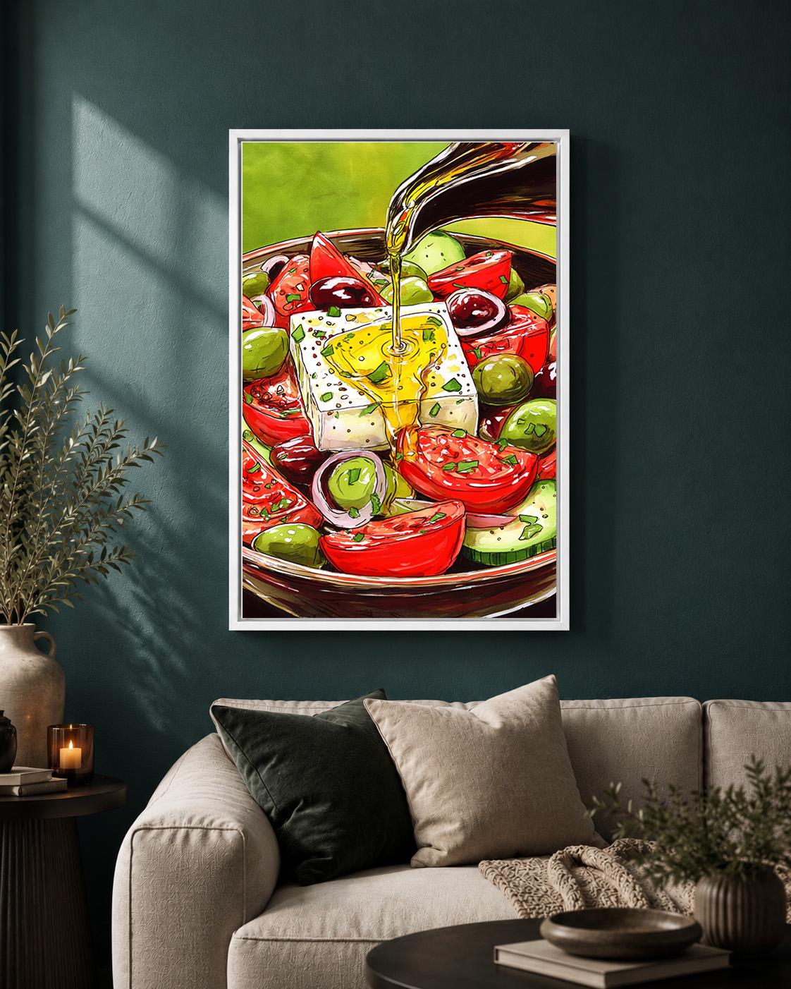 Greek Salad Framed Canvas Wall Art, Mediterranean Kitchen Framed Canvas, Feta Olive Canvas Wall Art, Food Lover Decor by T...
