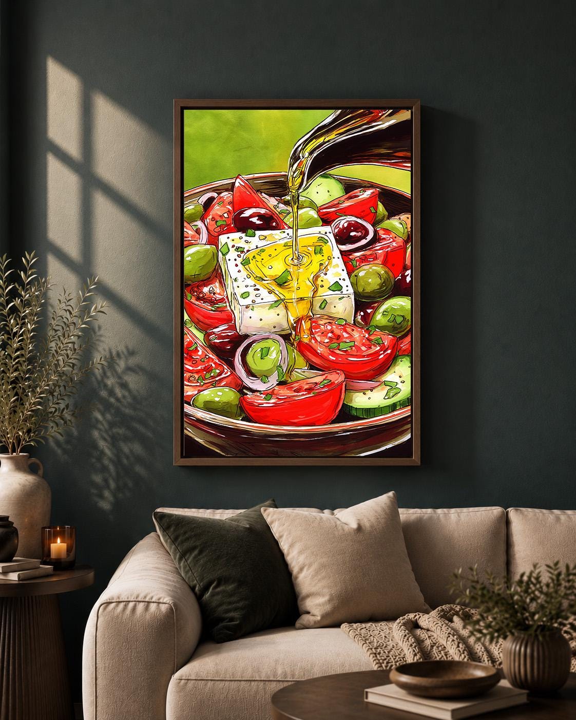 Greek Salad Framed Canvas Wall Art, Mediterranean Kitchen Framed Canvas, Feta Olive Canvas Wall Art, Food Lover Decor by T...