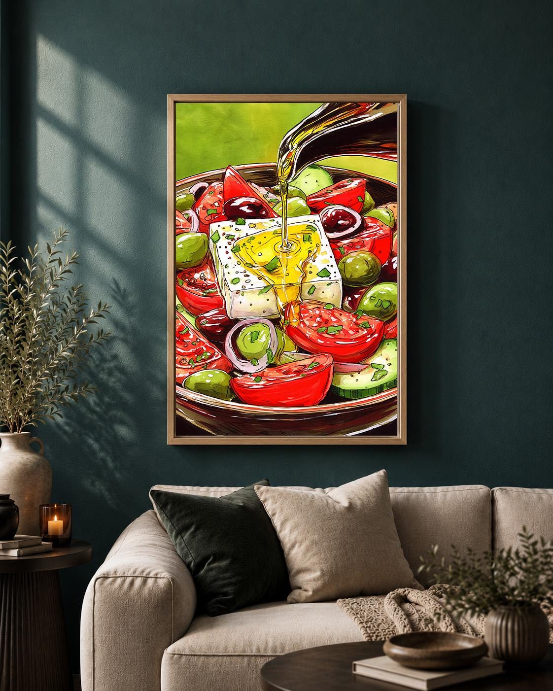 Greek Salad Framed Canvas Wall Art, Mediterranean Kitchen Framed Canvas, Feta Olive Canvas Wall Art, Food Lover Decor by T...