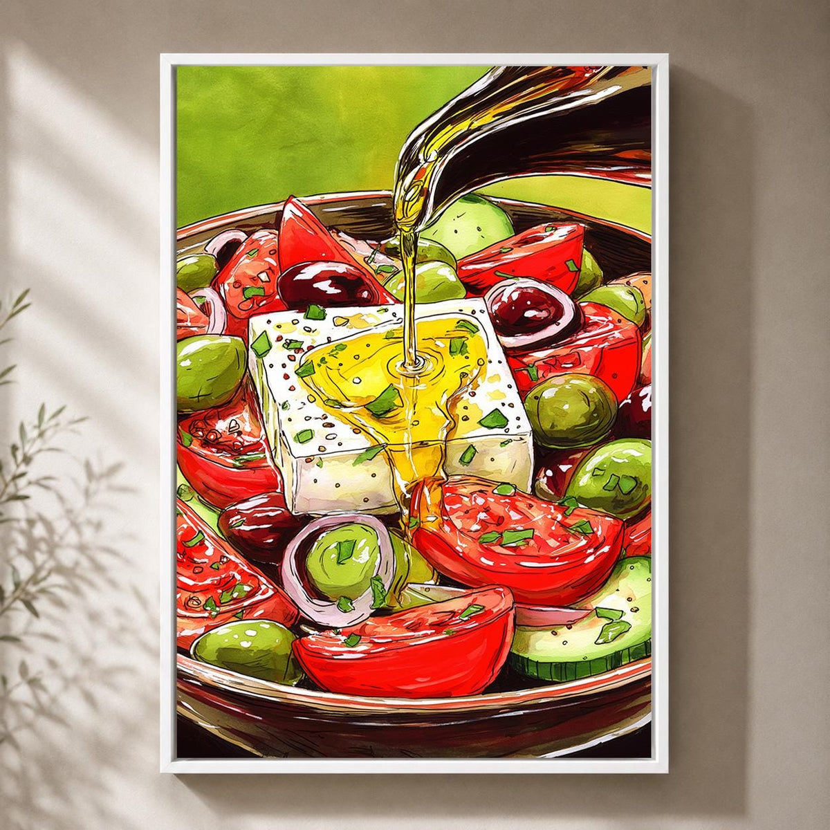 Greek Salad Framed Canvas Wall Art, Mediterranean Kitchen Framed Canvas, Feta Olive Canvas Wall Art, Food Lover Decor by T...