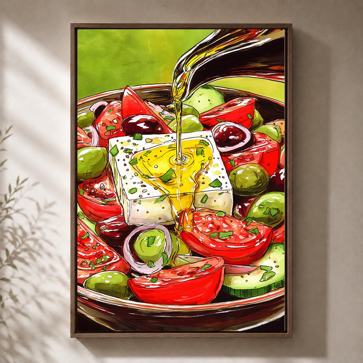 Greek Salad Framed Canvas Wall Art, Mediterranean Kitchen Framed Canvas, Feta Olive Canvas Wall Art, Food Lover Decor by T...