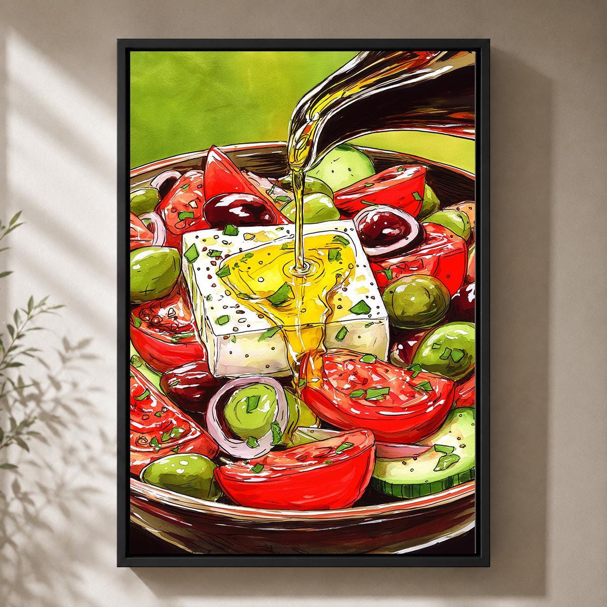 Greek Salad Framed Canvas Wall Art, Mediterranean Kitchen Framed Canvas, Feta Olive Canvas Wall Art, Food Lover Decor by T...
