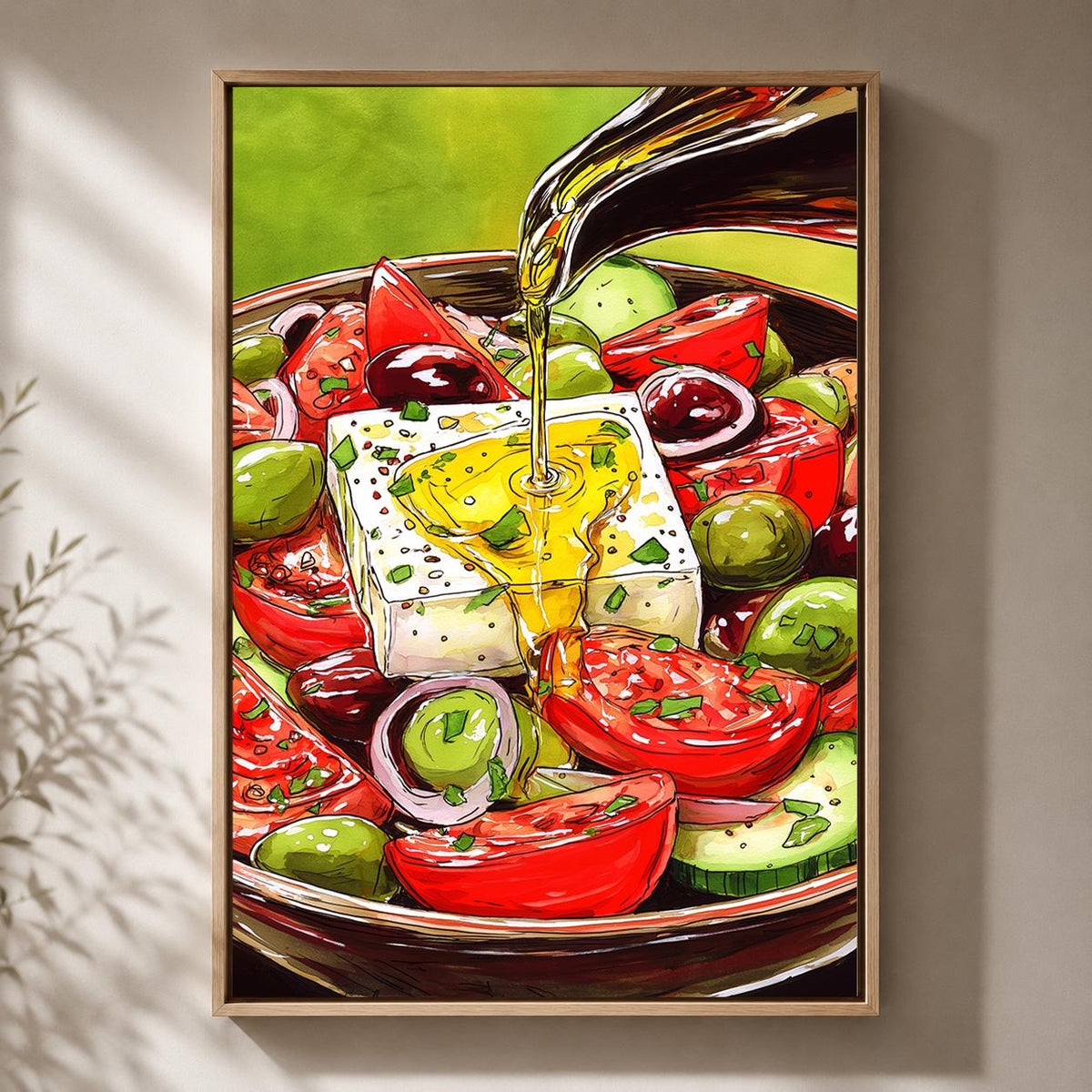 Greek Salad Framed Canvas Wall Art, Mediterranean Kitchen Framed Canvas, Feta Olive Canvas Wall Art, Food Lover Decor by T...
