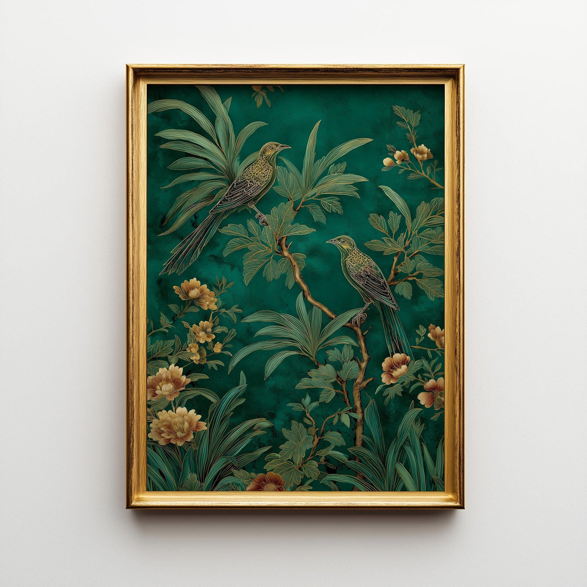 Green Chinoiserie Wall Art, Botanical Bird Print, Emerald Asian Decor by The Wall Art Studio - physical