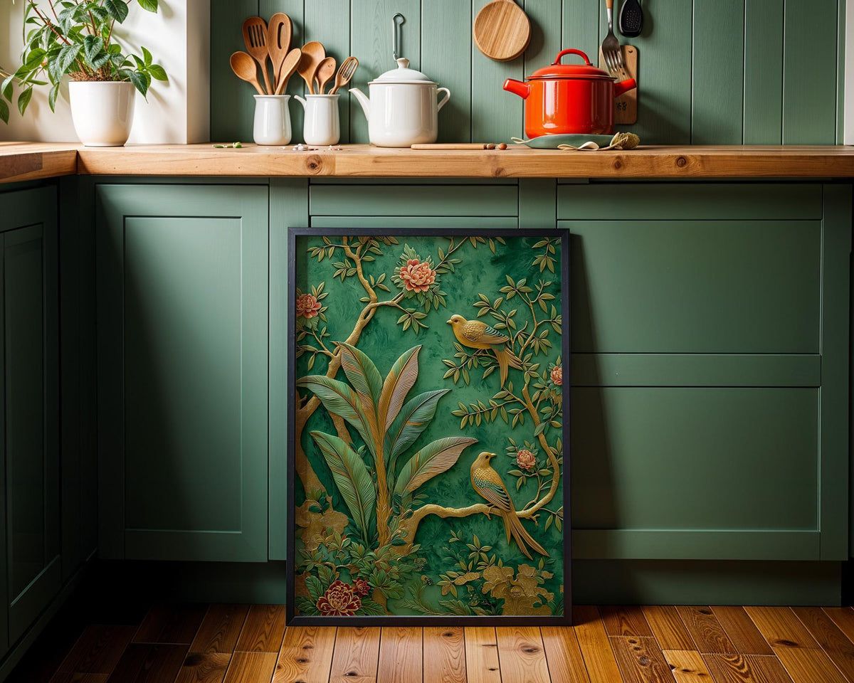 Green Chinoiserie Wall Art, Botanical Bird Print, Emerald Asian Decor by The Wall Art Studio - physical