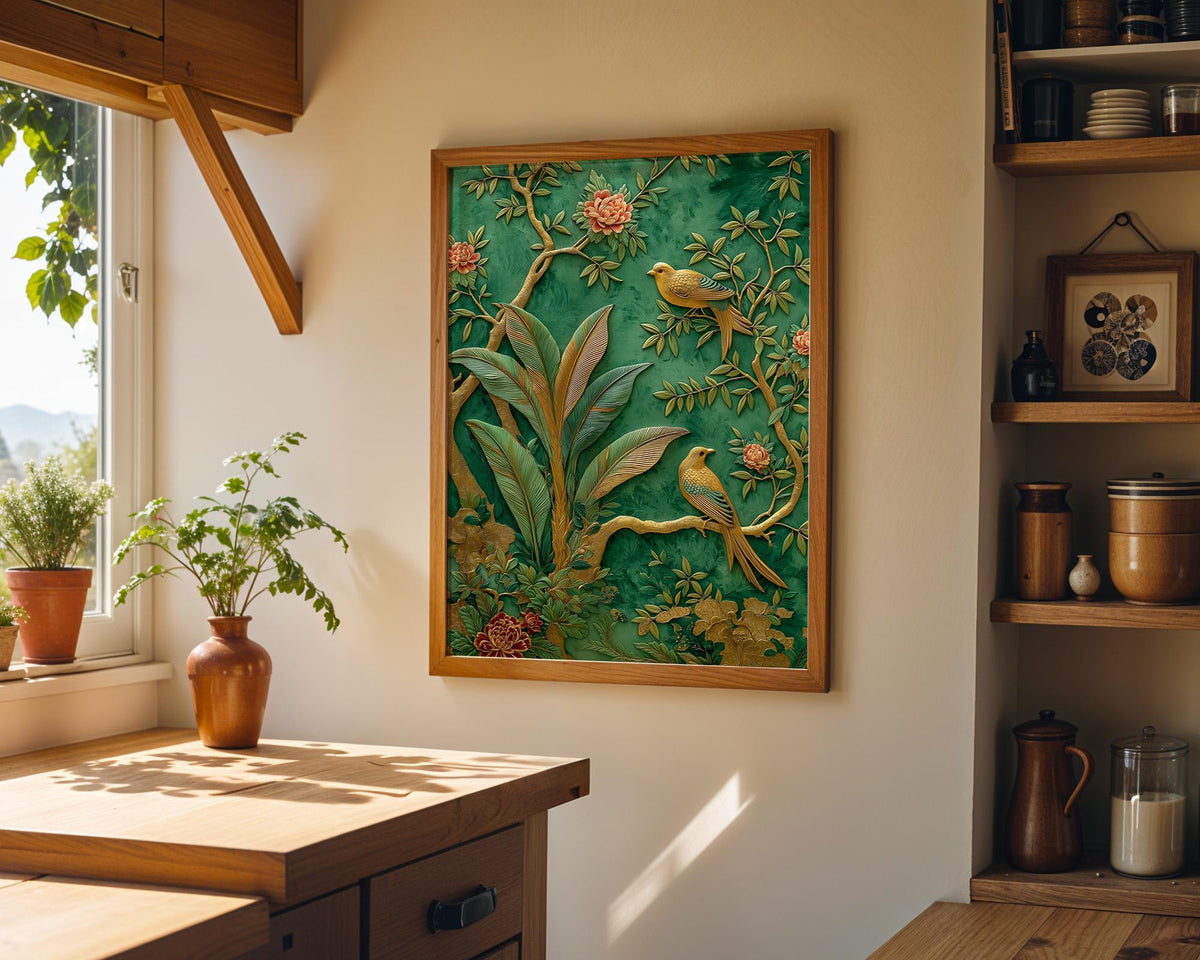 Green Chinoiserie Wall Art, Botanical Bird Print, Emerald Asian Decor by The Wall Art Studio - physical