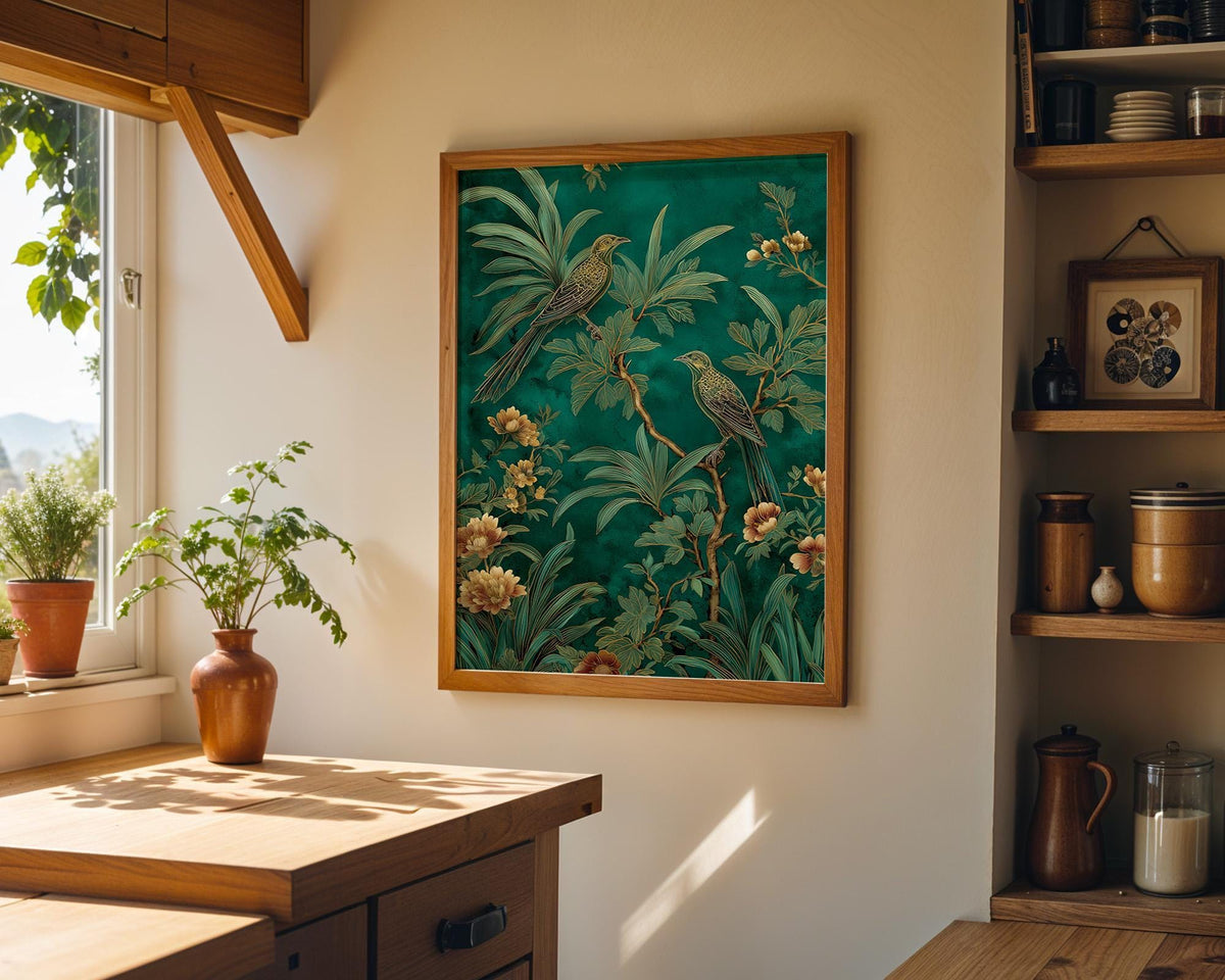 Green Chinoiserie Wall Art, Botanical Bird Print, Emerald Asian Decor by The Wall Art Studio - physical