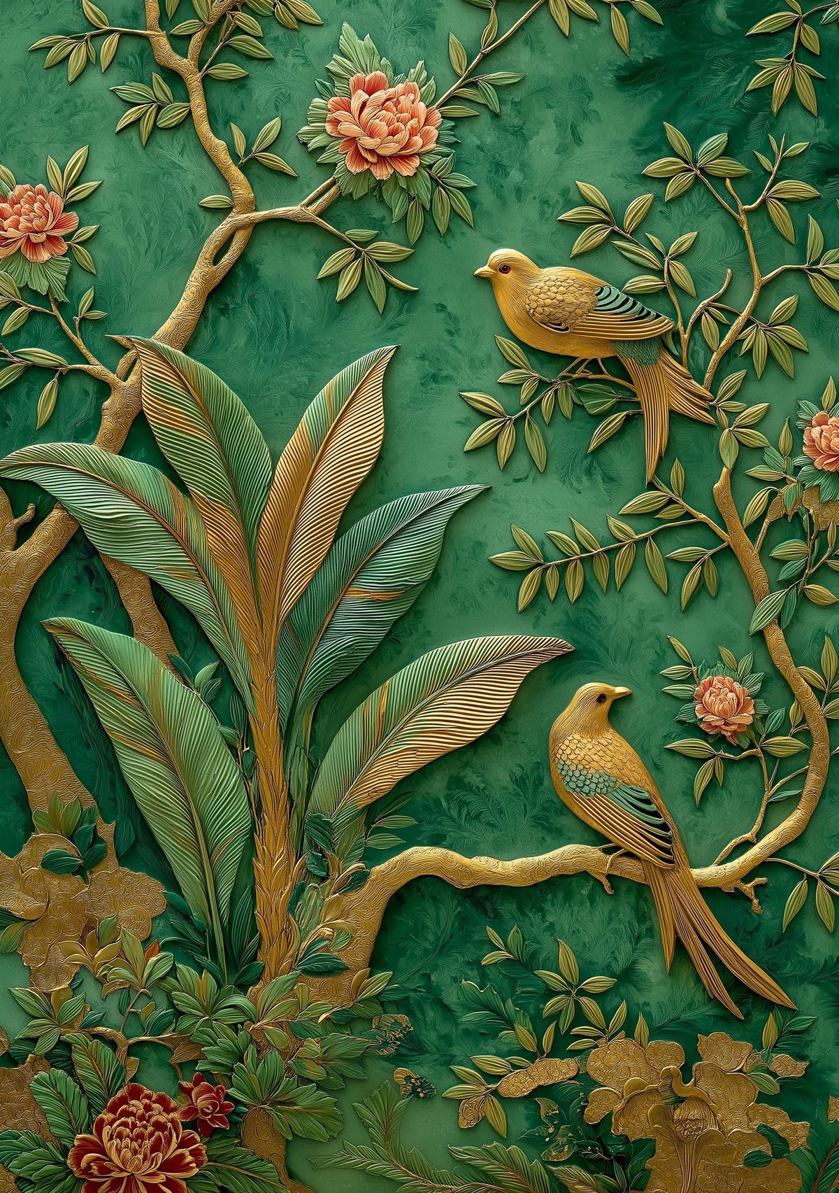 Green Chinoiserie Wall Art, Botanical Bird Print, Emerald Asian Decor by The Wall Art Studio - physical