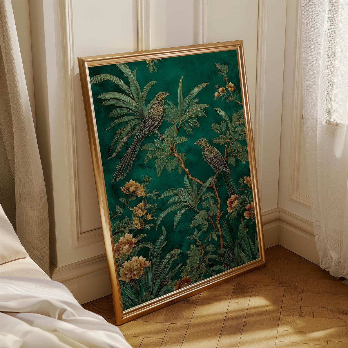 Green Chinoiserie Wall Art, Botanical Bird Print, Emerald Asian Decor by The Wall Art Studio - physical