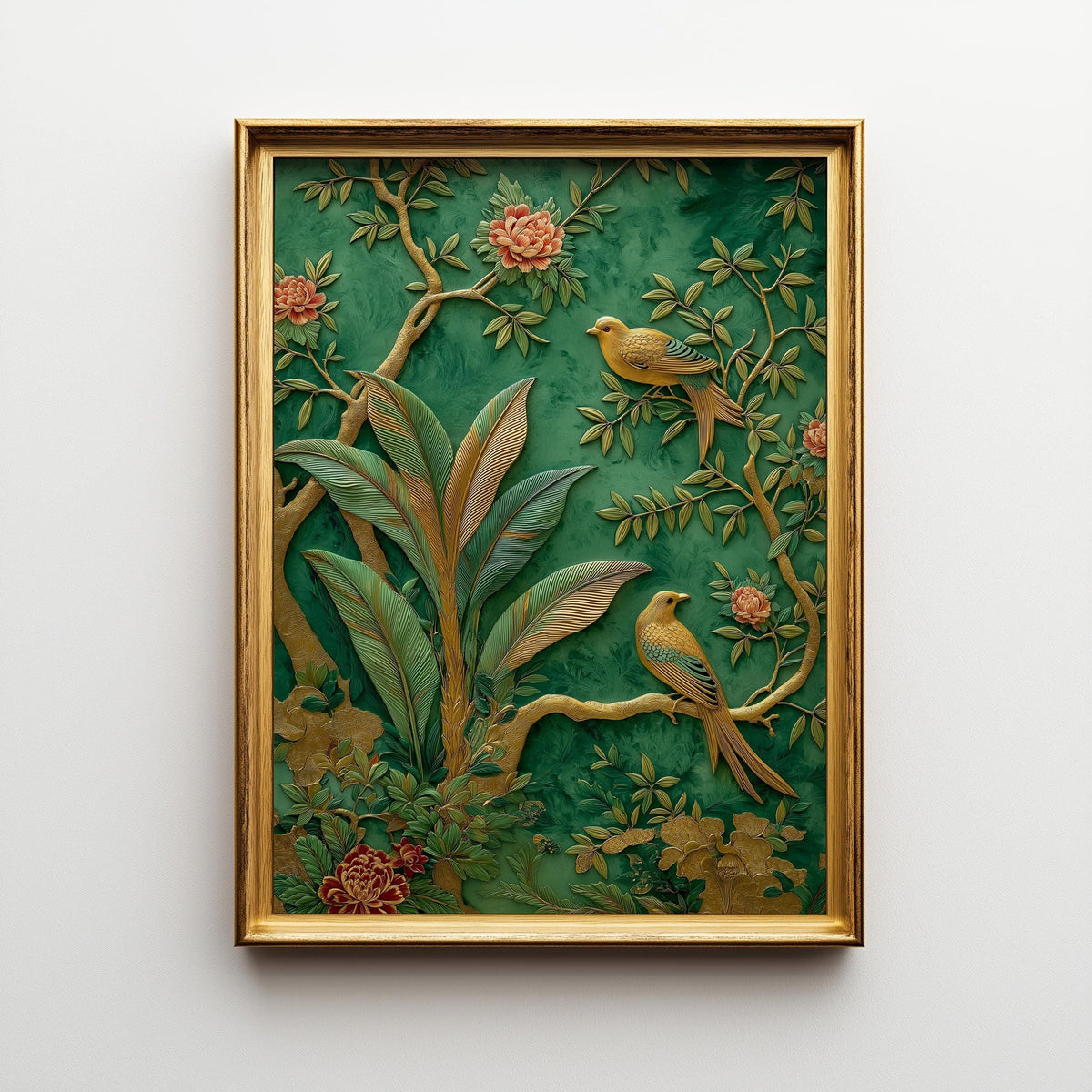 Green Chinoiserie Wall Art, Botanical Bird Print, Emerald Asian Decor by The Wall Art Studio - physical