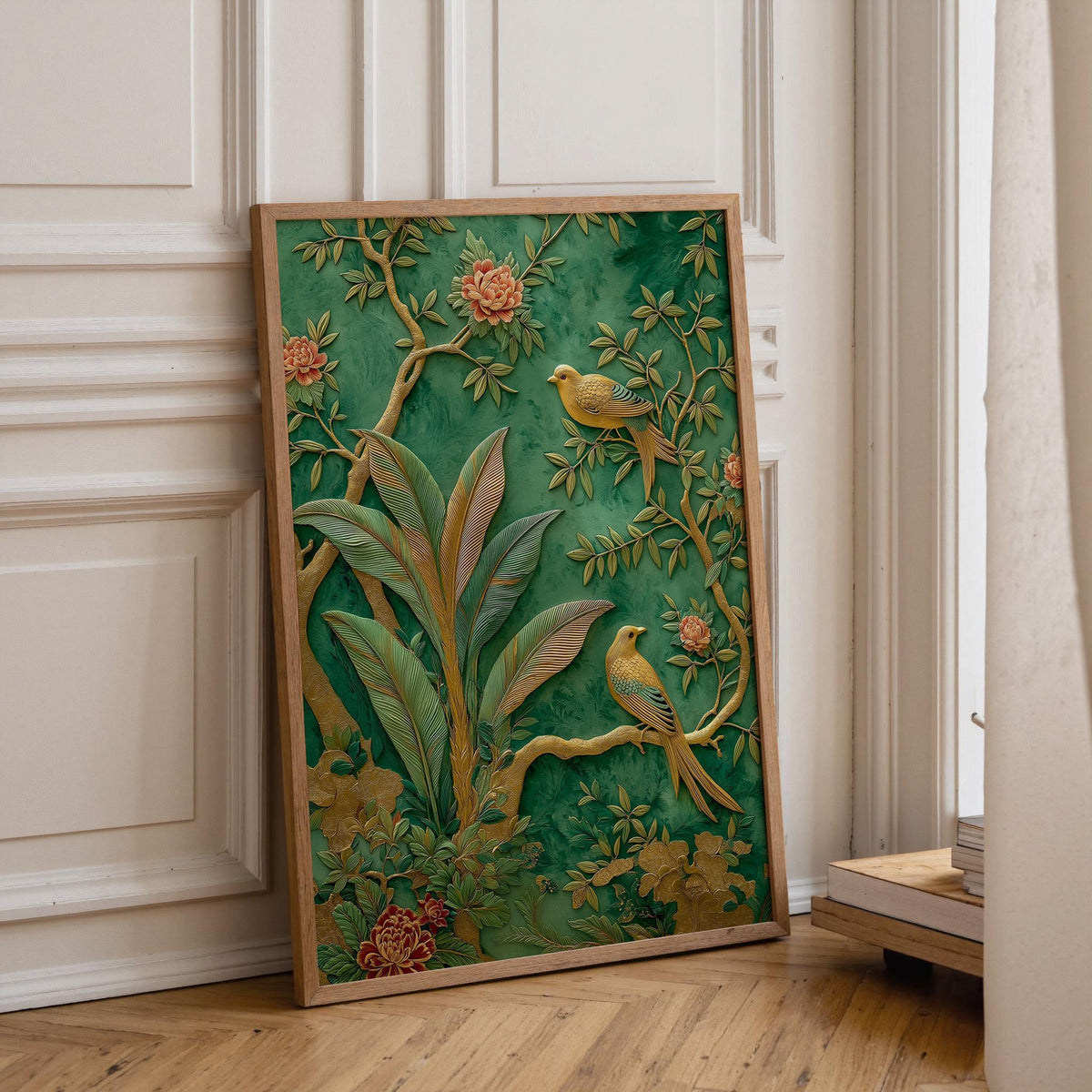 Green Chinoiserie Wall Art, Botanical Bird Print, Emerald Asian Decor by The Wall Art Studio - physical