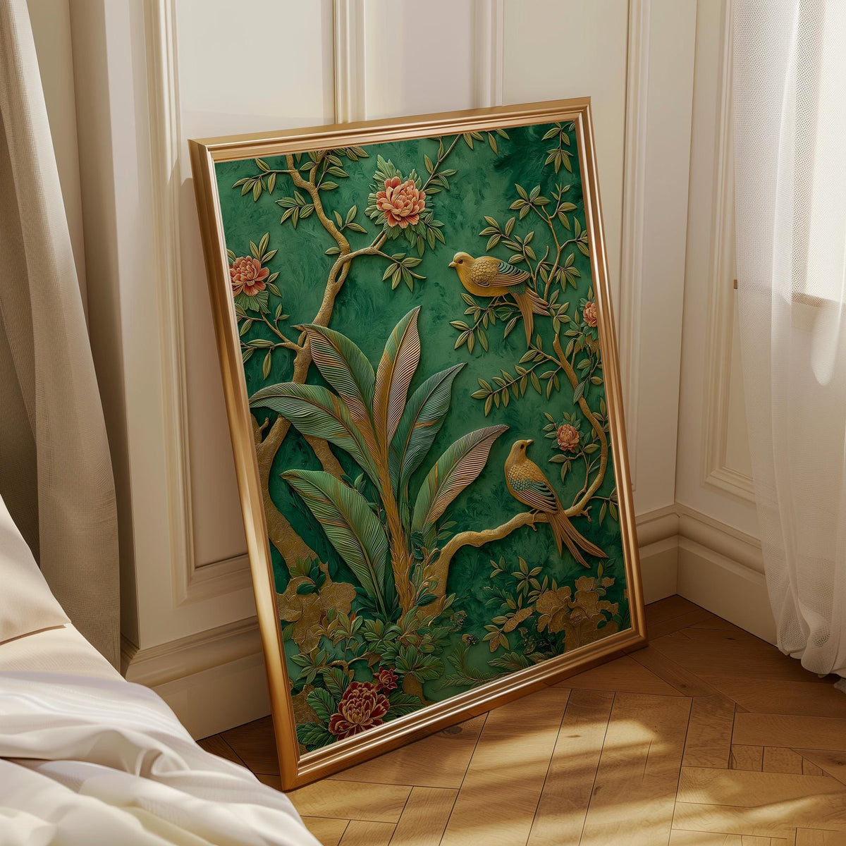 Green Chinoiserie Wall Art, Botanical Bird Print, Emerald Asian Decor by The Wall Art Studio - physical