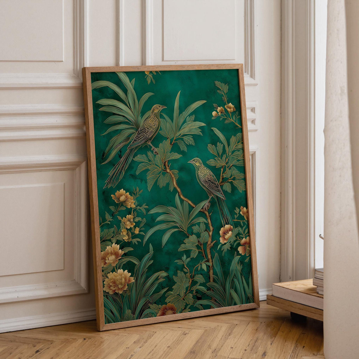 Green Chinoiserie Wall Art, Botanical Bird Print, Emerald Asian Decor by The Wall Art Studio - physical