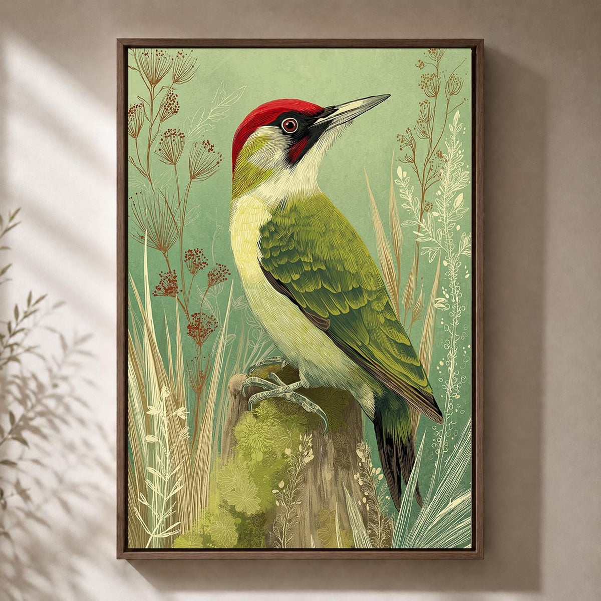 Green Woodpecker Framed Canvas, Vintage Bird Illustration, Woodland Nature Framed Canvas Print by The Wall Art Studio - ph...
