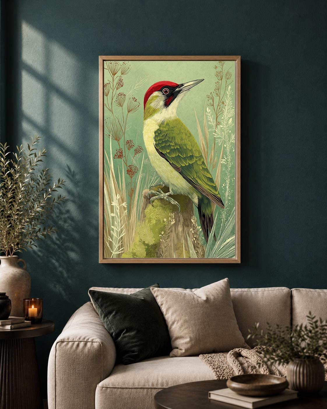 Green Woodpecker Framed Canvas, Vintage Bird Illustration, Woodland Nature Framed Canvas Print by The Wall Art Studio - ph...