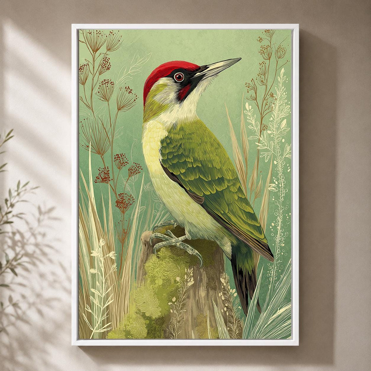 Green Woodpecker Framed Canvas, Vintage Bird Illustration, Woodland Nature Framed Canvas Print by The Wall Art Studio - ph...