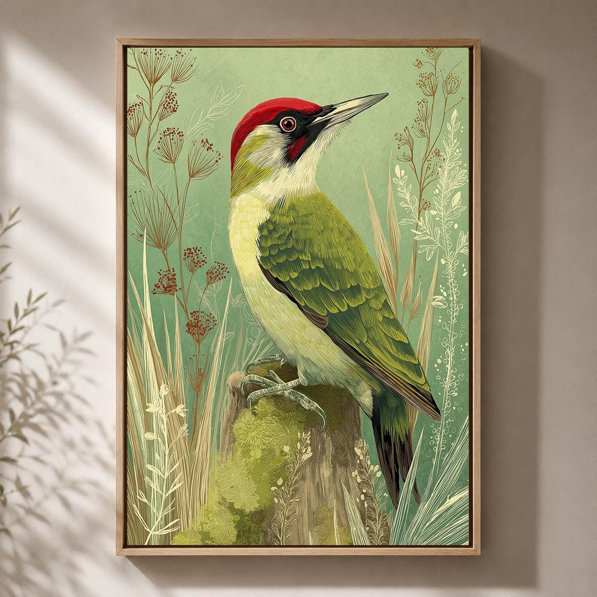 Green Woodpecker Framed Canvas, Vintage Bird Illustration, Woodland Nature Framed Canvas Print by The Wall Art Studio - ph...