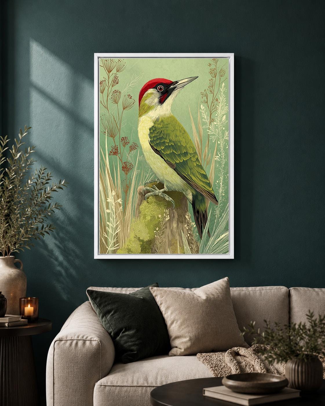 Green Woodpecker Framed Canvas, Vintage Bird Illustration, Woodland Nature Framed Canvas Print by The Wall Art Studio - ph...