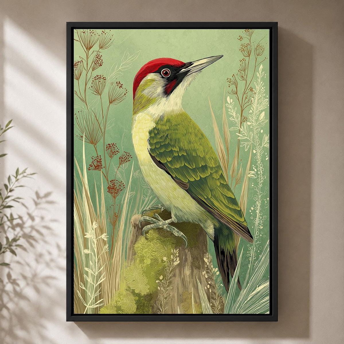 Green Woodpecker Framed Canvas, Vintage Bird Illustration, Woodland Nature Framed Canvas Print by The Wall Art Studio - ph...