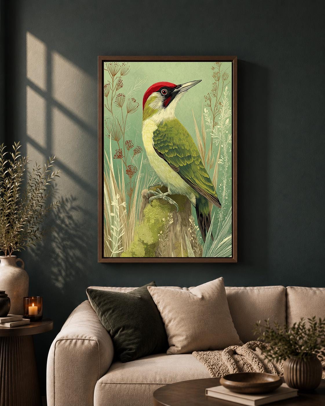 Green Woodpecker Framed Canvas, Vintage Bird Illustration, Woodland Nature Framed Canvas Print by The Wall Art Studio - ph...
