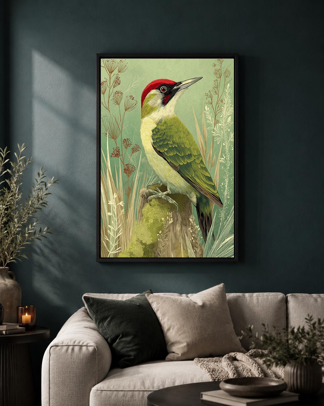 Green Woodpecker Framed Canvas, Vintage Bird Illustration, Woodland Nature Framed Canvas Print by The Wall Art Studio - ph...