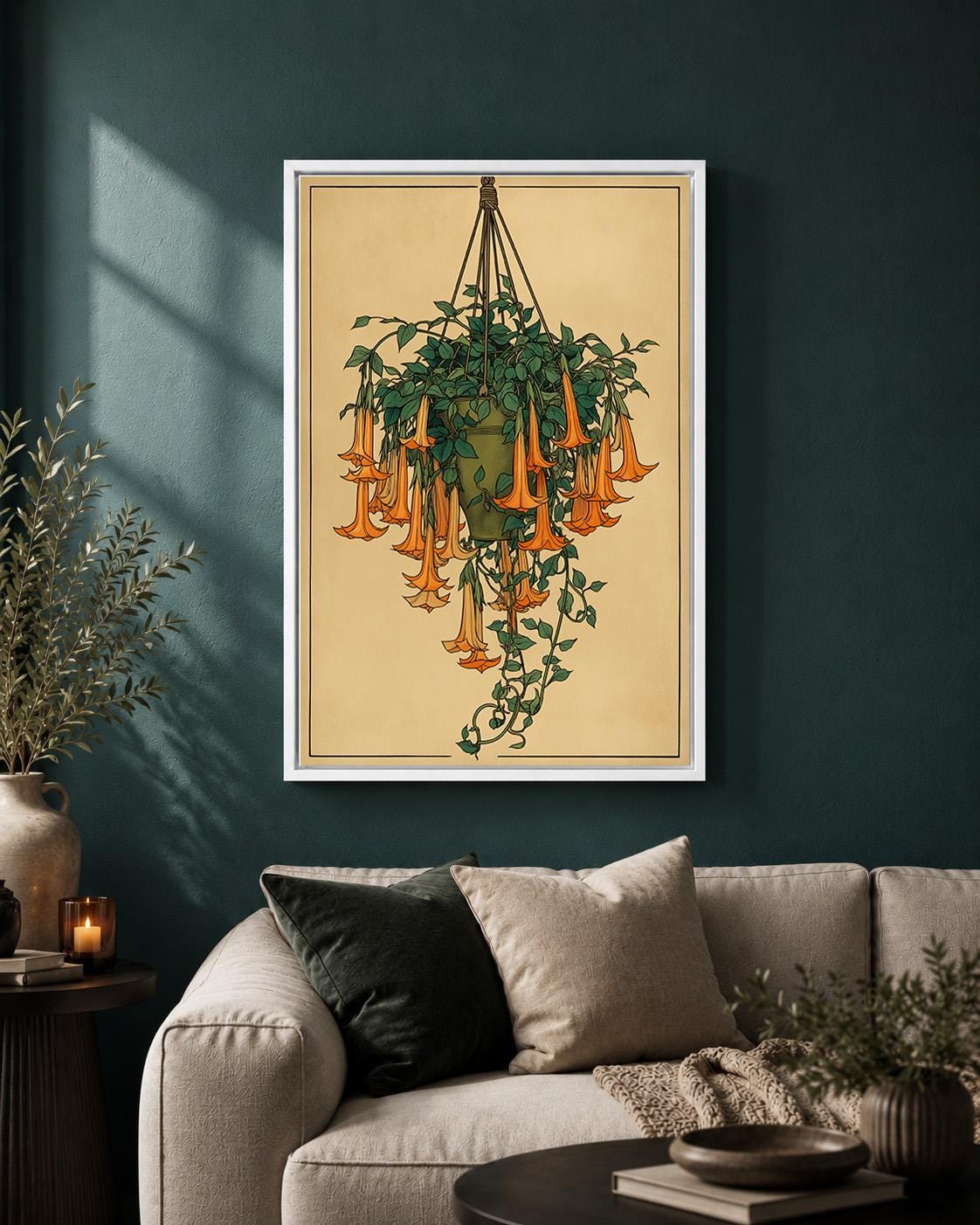 Hanging Angel Trumpet Botanical Framed Canvas, Vintage Flower Framed Canvas Artwork by The Wall Art Studio - physical